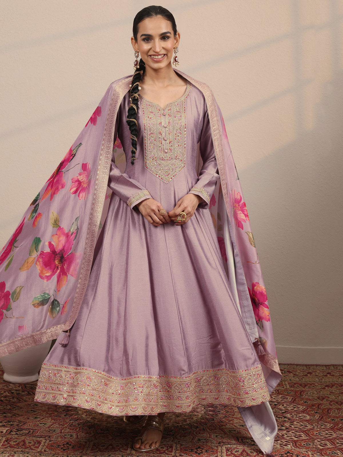 Anouk Lavender Yoke Design Silk Blend  Anarkali Suit Set With Dupatta