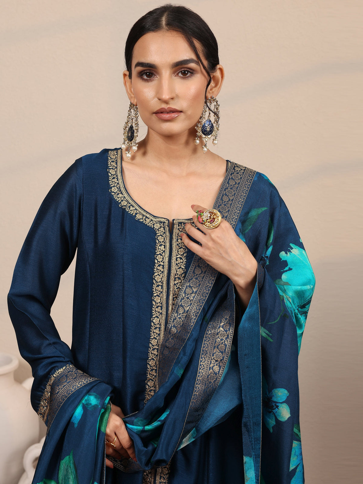 Anouk Navy Blue Embroidered Silk Blend  A-Line Suit Set With Dupatta
