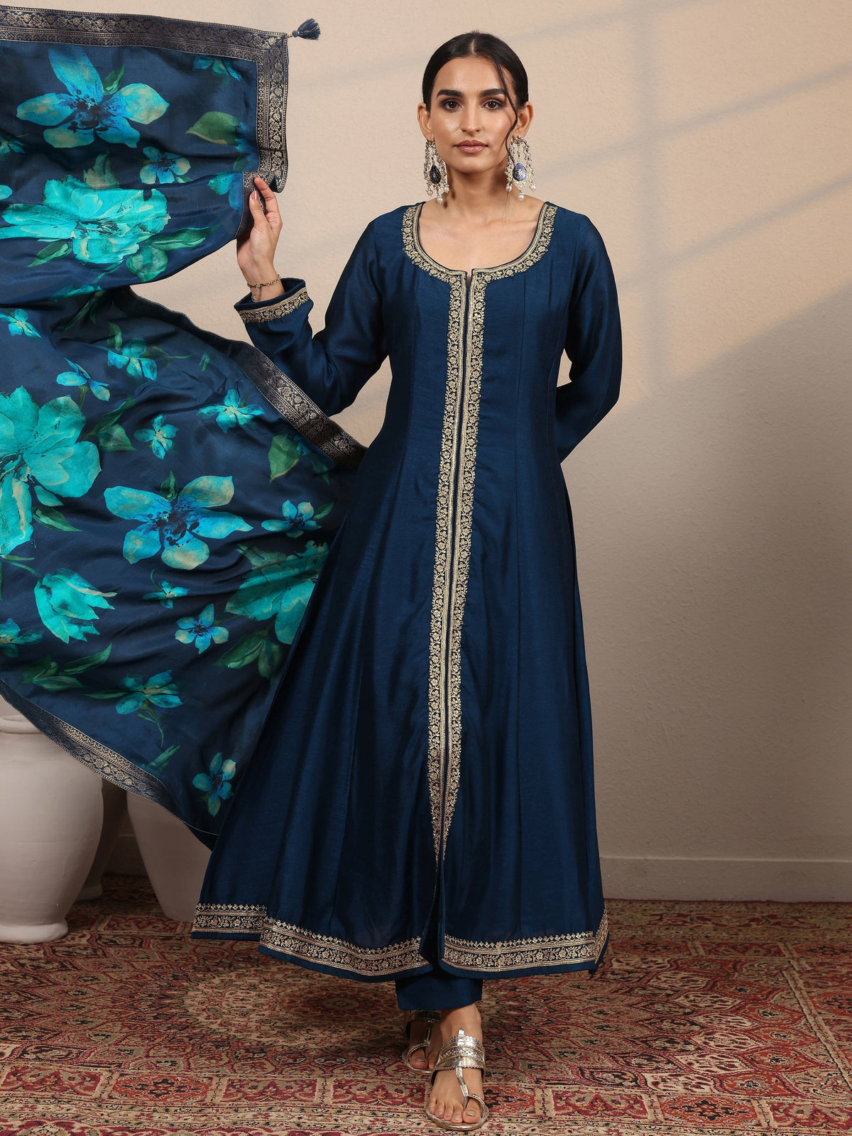 Anouk Navy Blue Embroidered Silk Blend  A-Line Suit Set With Dupatta