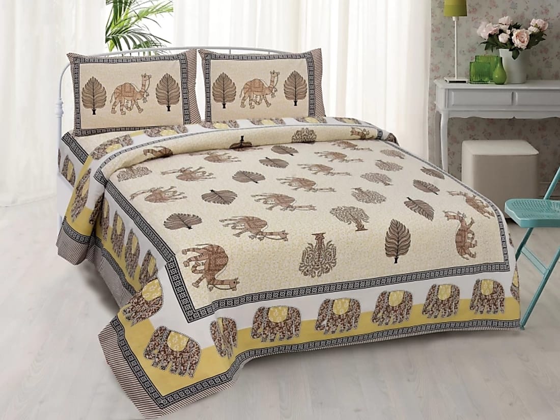 Jaipuri Double Bedsheet Set with Two Pillow Covers - 90x100 Size