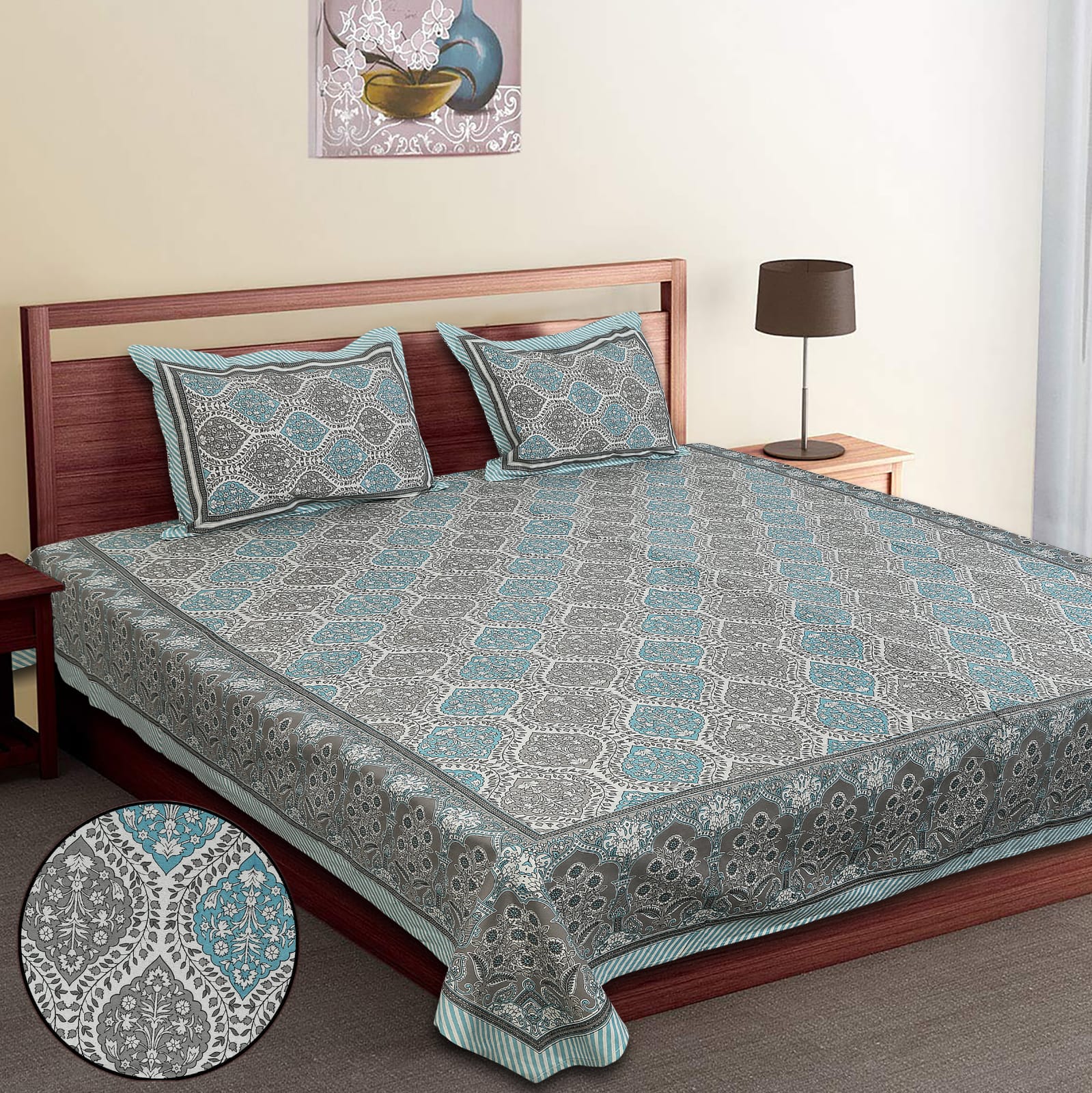 King-Size Bed Sheet Set with 2 Pillow Covers (Cotton Autoloom Fabric)