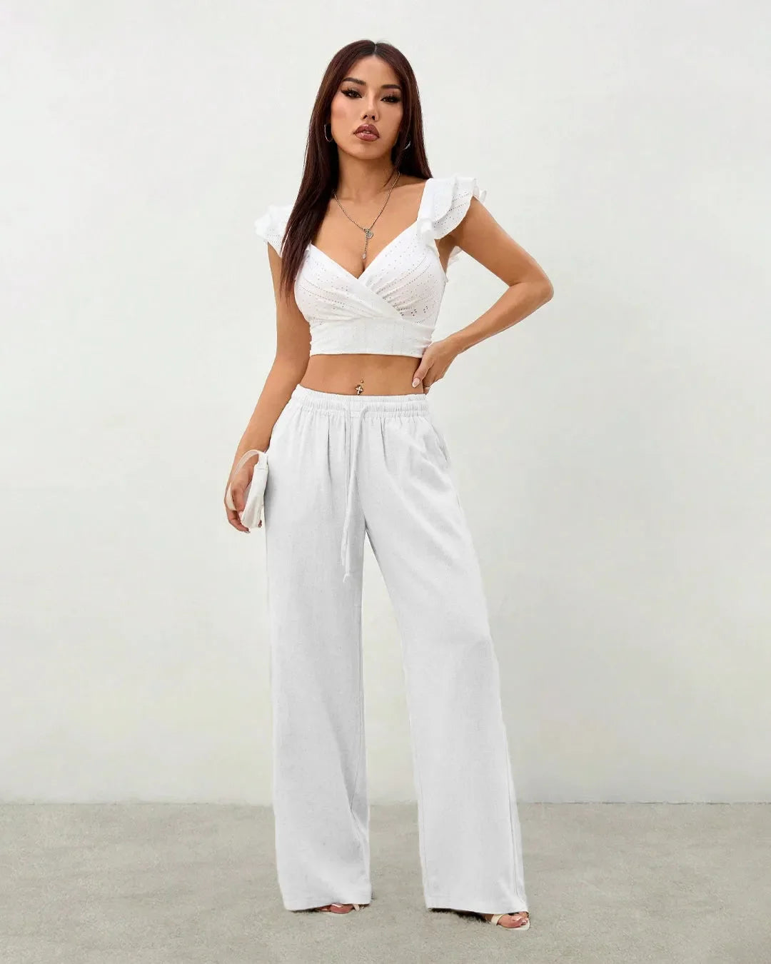 White Drawstring Wide Leg Lounge Pants