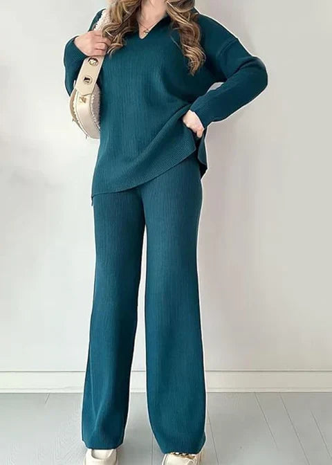 V-Neck Casual Slit Knitted Two-Piece Set
