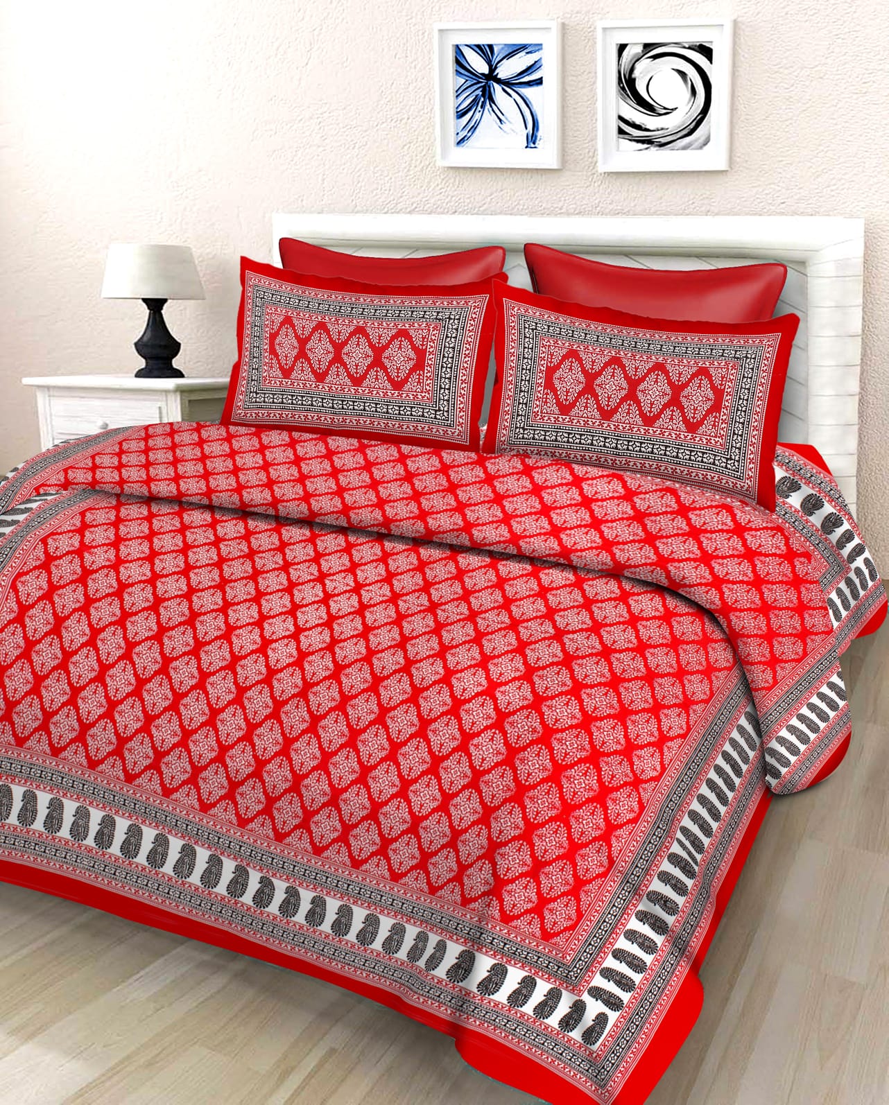 Jaipuri Double Bedsheet Set with Two Pillow Covers - 90x100 Size