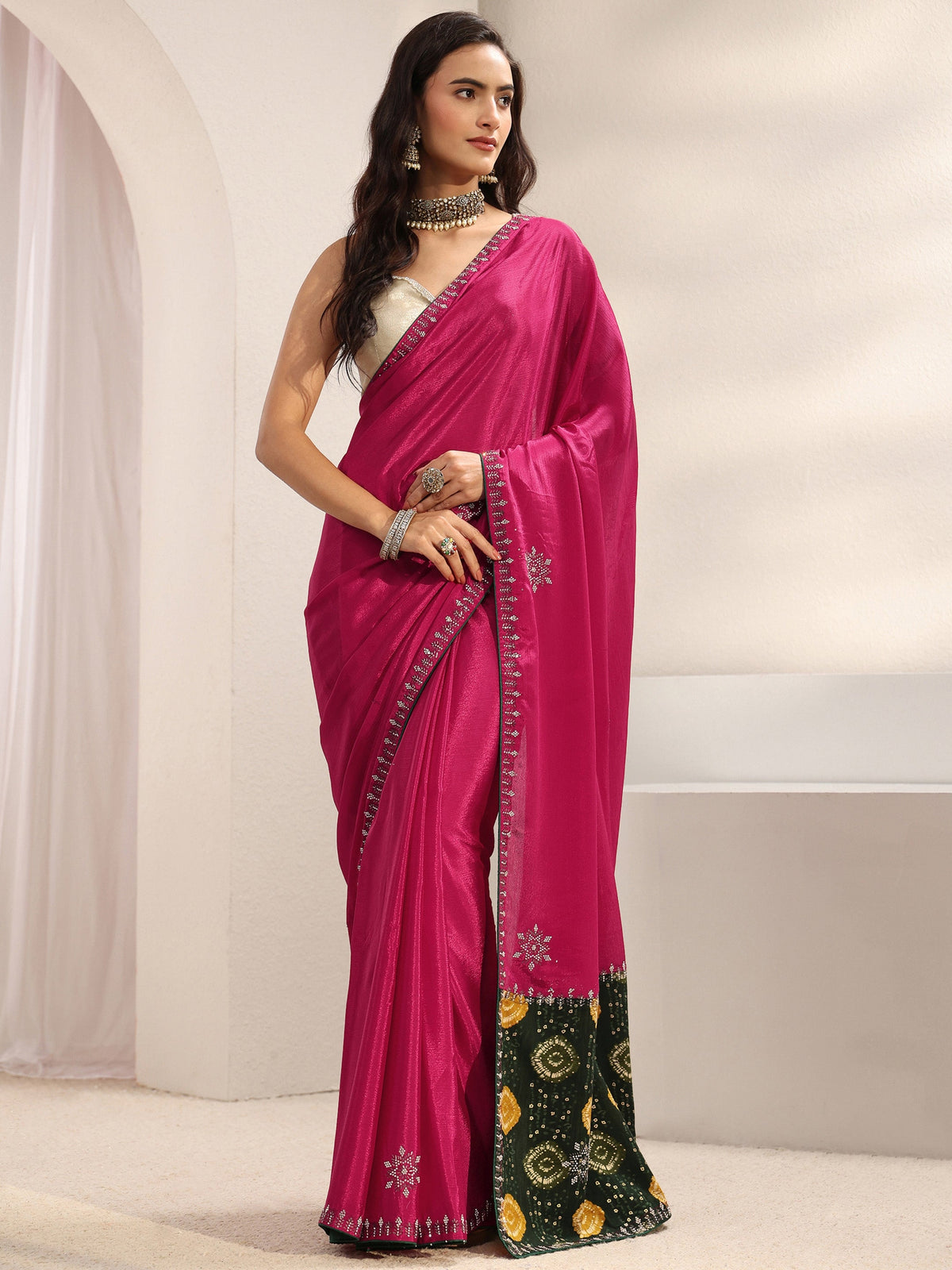 Anouk Pink Embellished Border Chinon Saree With Unstitched Blouse Piece