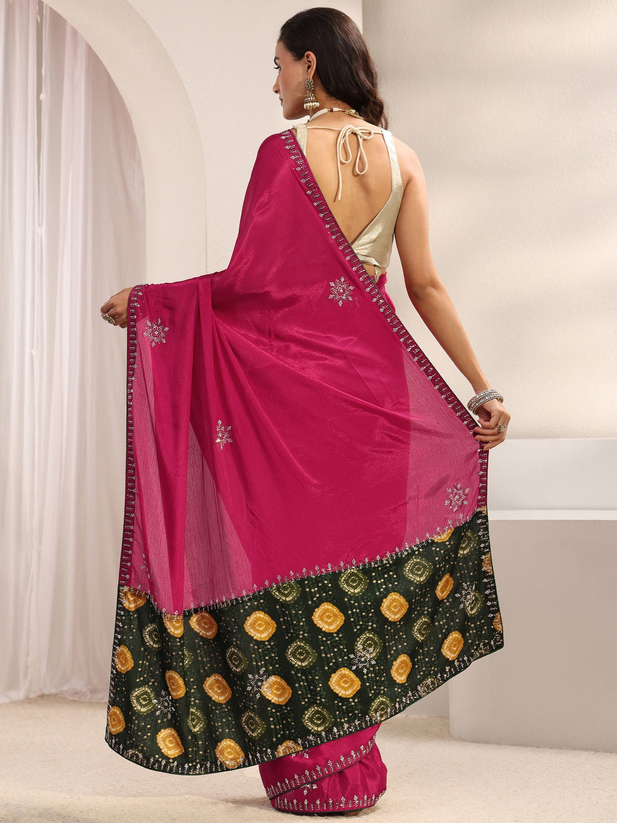 Anouk Pink Embellished Border Chinon Saree With Unstitched Blouse Piece