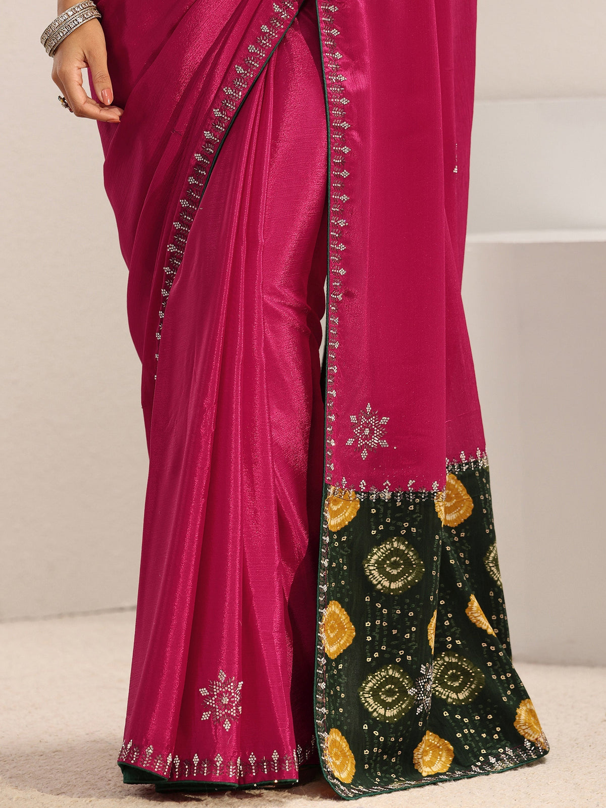 Anouk Pink Embellished Border Chinon Saree With Unstitched Blouse Piece