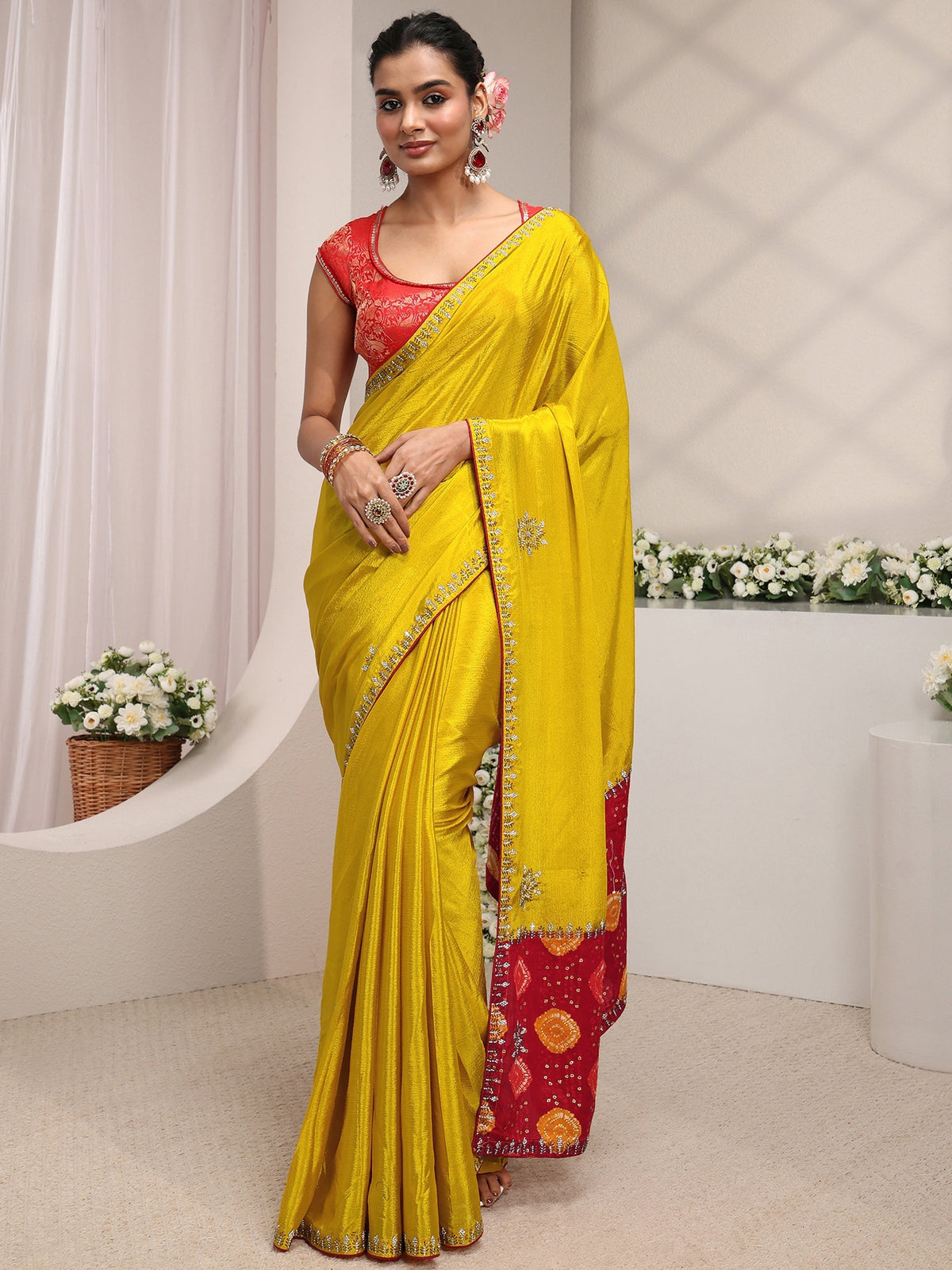 Anouk Mustard Embellished Chinon Saree With Unstitched Blouse Piece