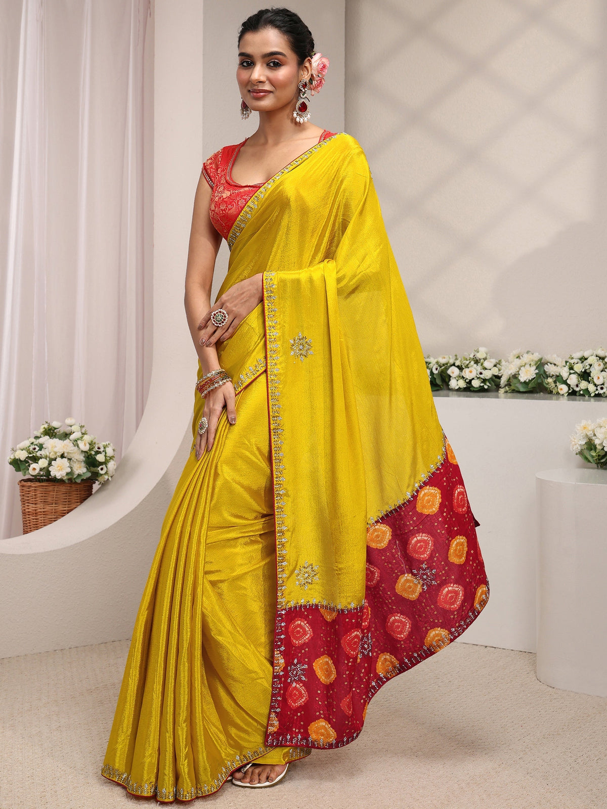 Anouk Mustard Embellished Chinon Saree With Unstitched Blouse Piece