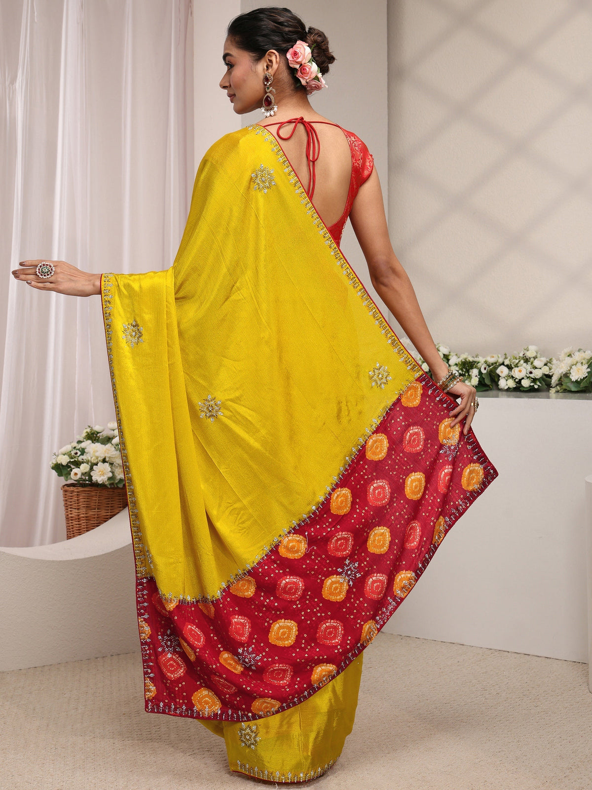 Anouk Mustard Embellished Chinon Saree With Unstitched Blouse Piece
