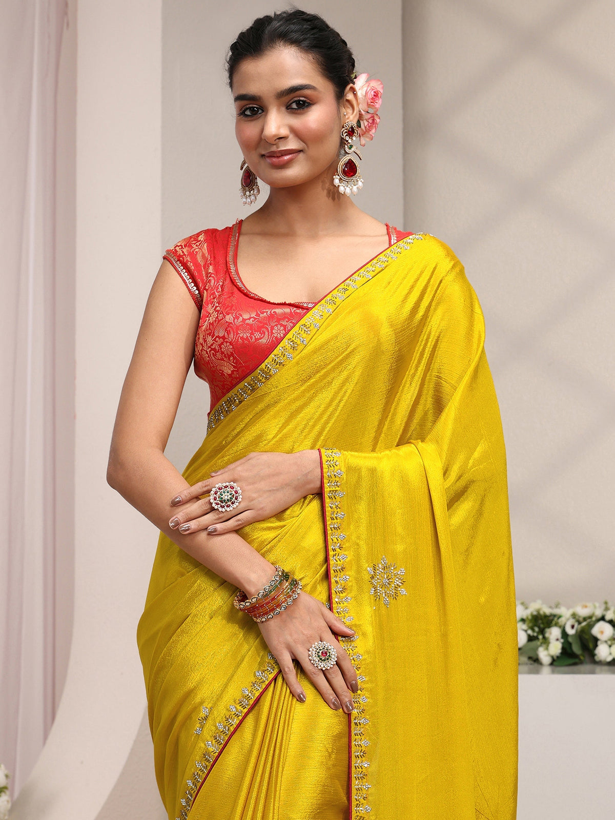 Anouk Mustard Embellished Chinon Saree With Unstitched Blouse Piece