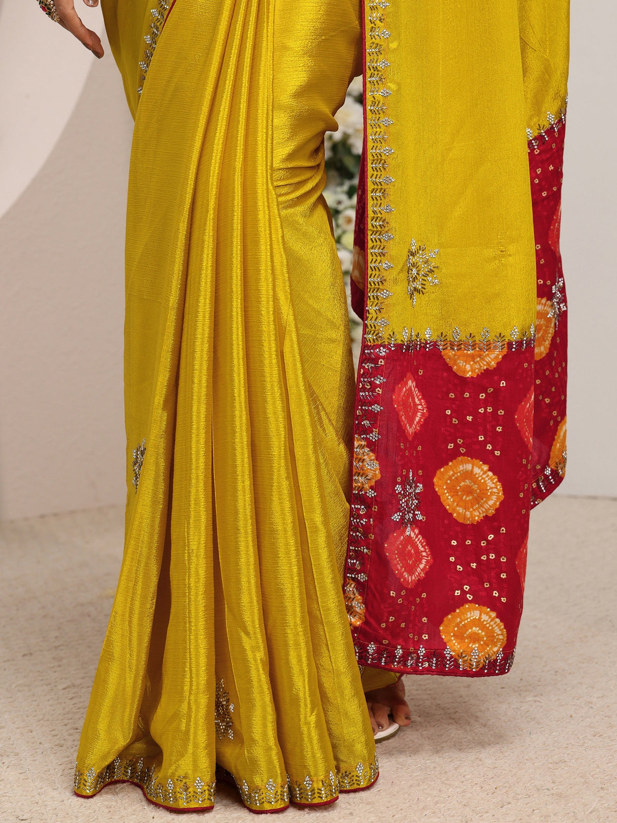 Anouk Mustard Embellished Chinon Saree With Unstitched Blouse Piece