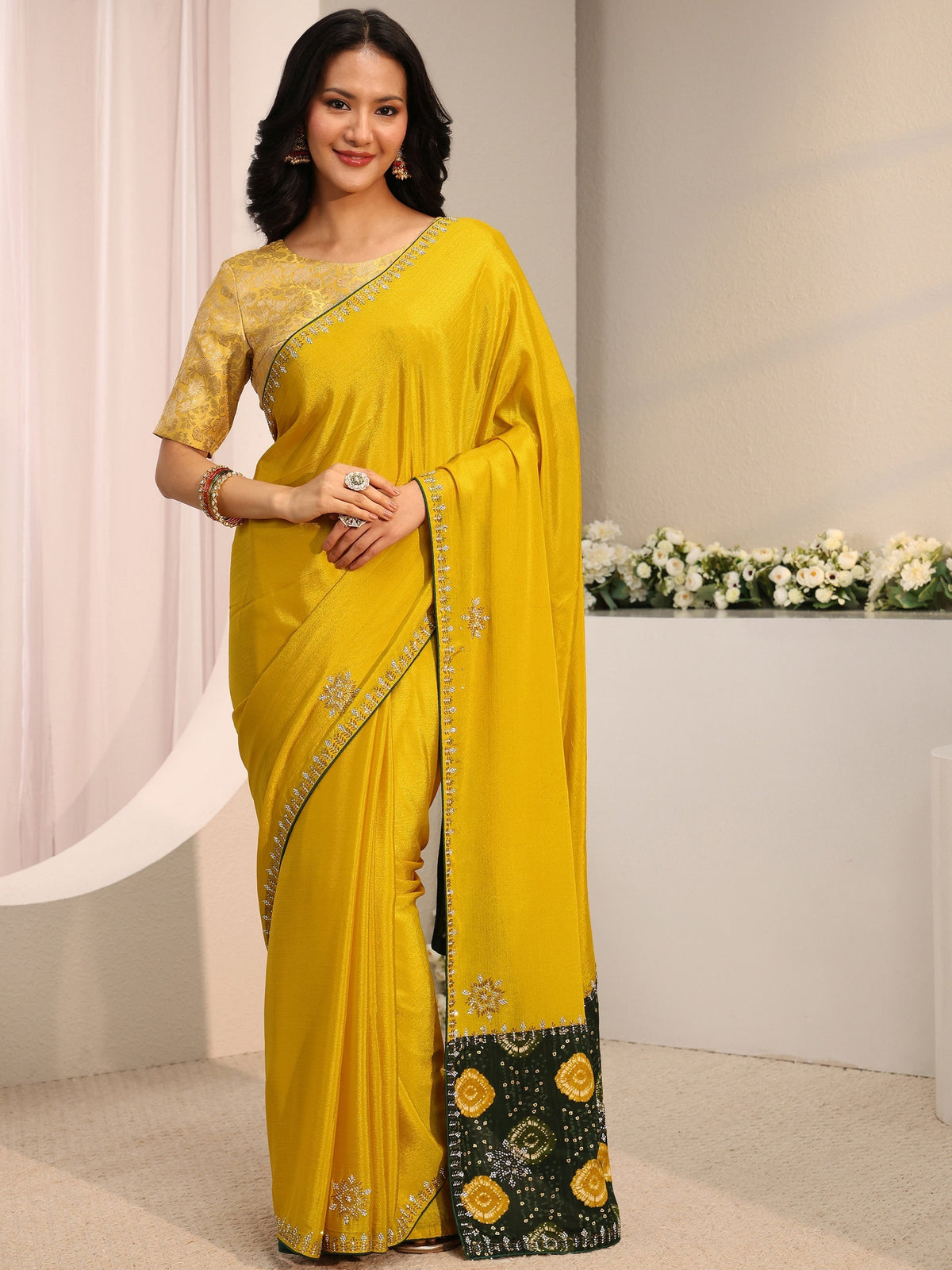 Anouk Mustard Embellished Chinon Saree With Unstitched Blouse Piece