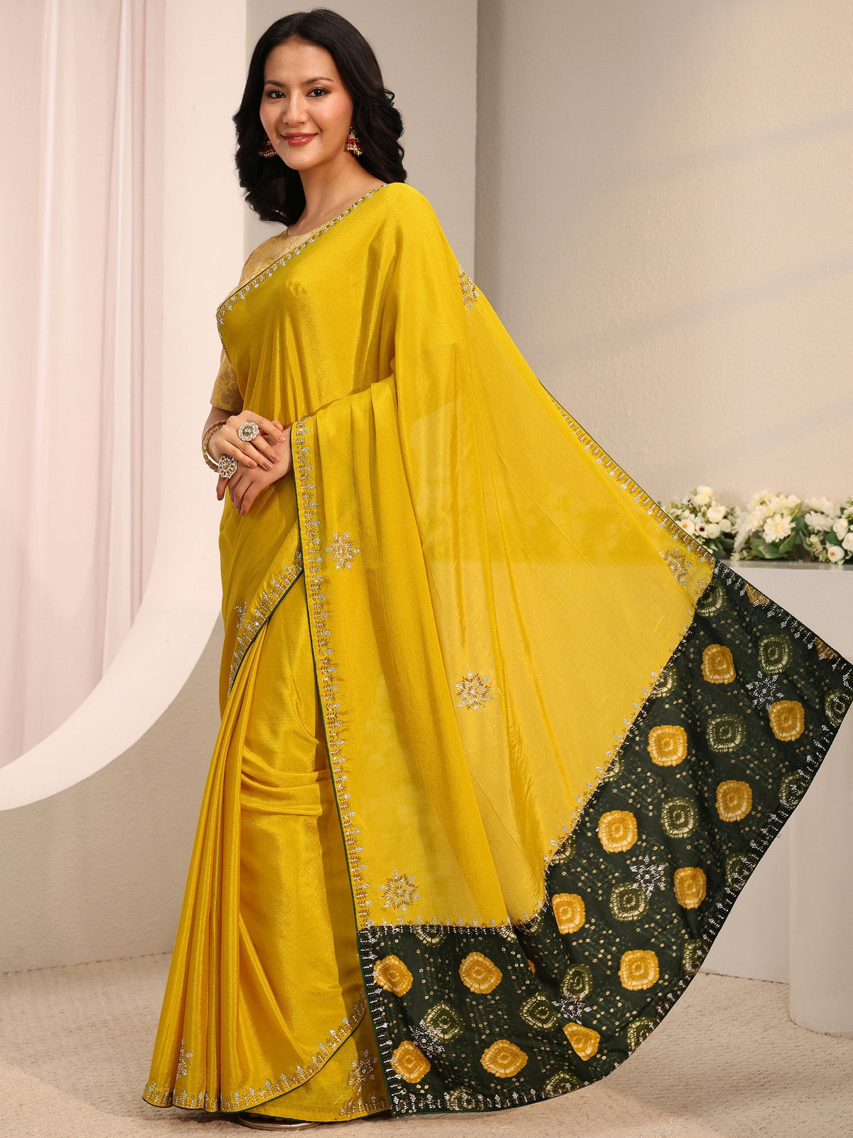 Anouk Mustard Embellished Chinon Saree With Unstitched Blouse Piece