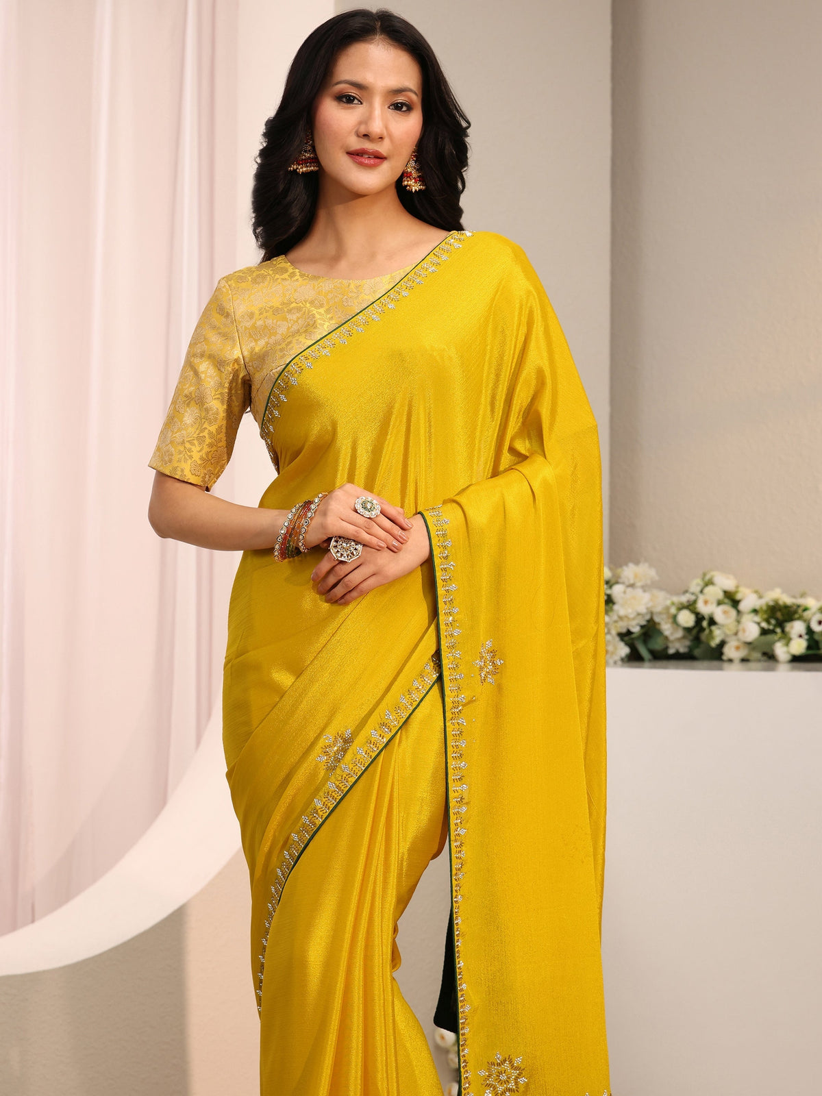 Anouk Mustard Embellished Chinon Saree With Unstitched Blouse Piece