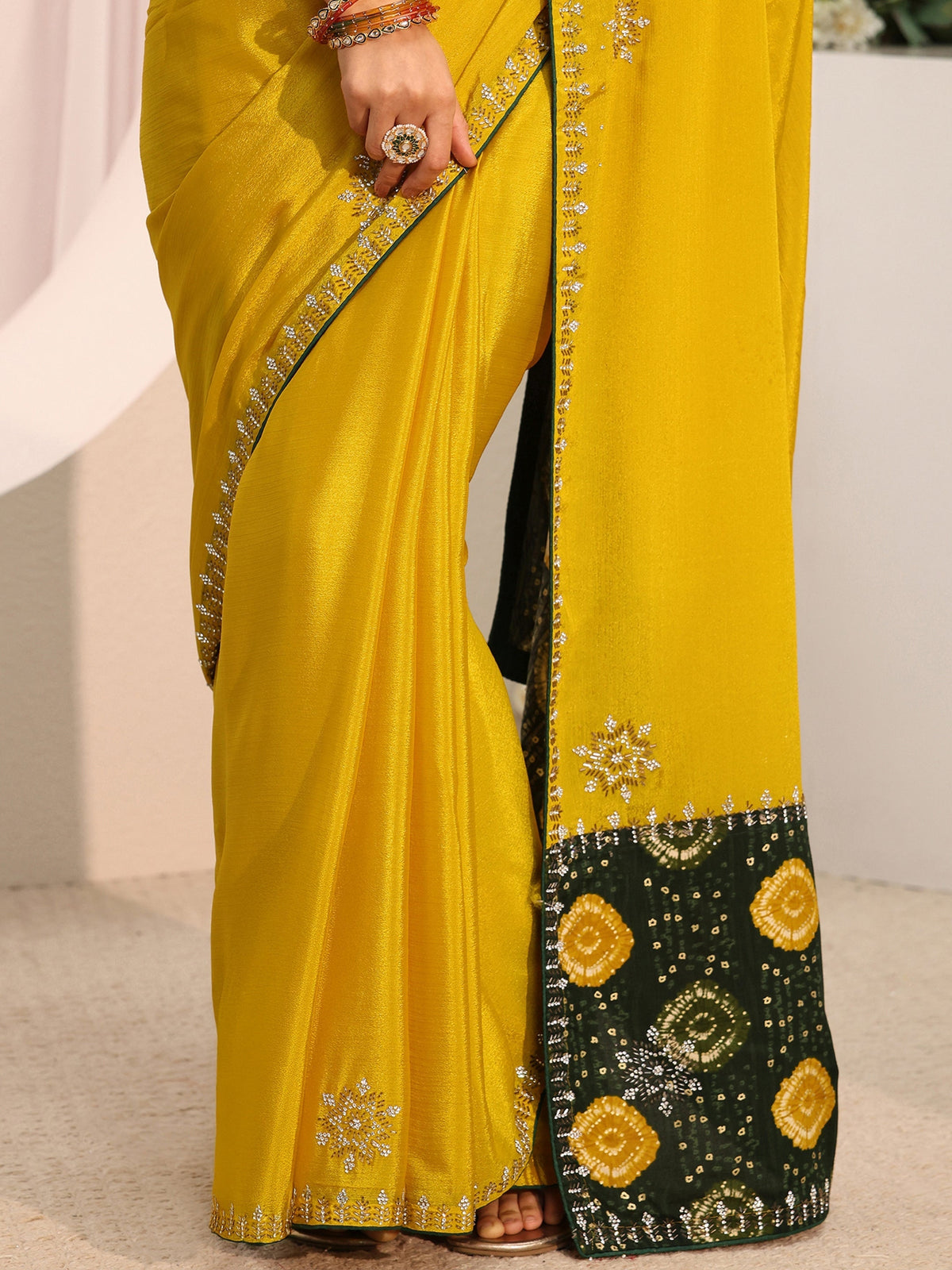 Anouk Mustard Embellished Chinon Saree With Unstitched Blouse Piece