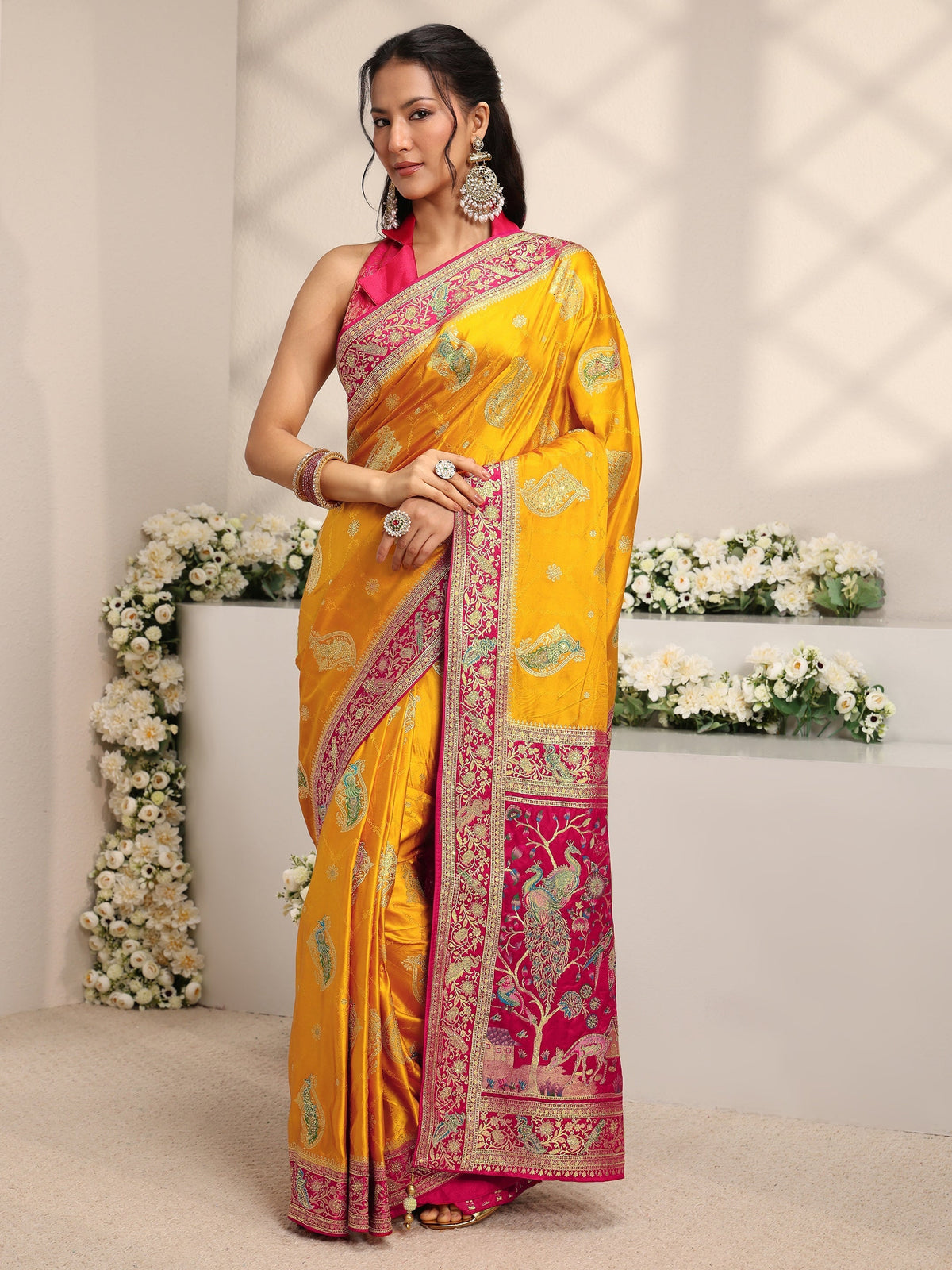 Anouk Art Mustard Ethnic Motif Self Design Satin Saree