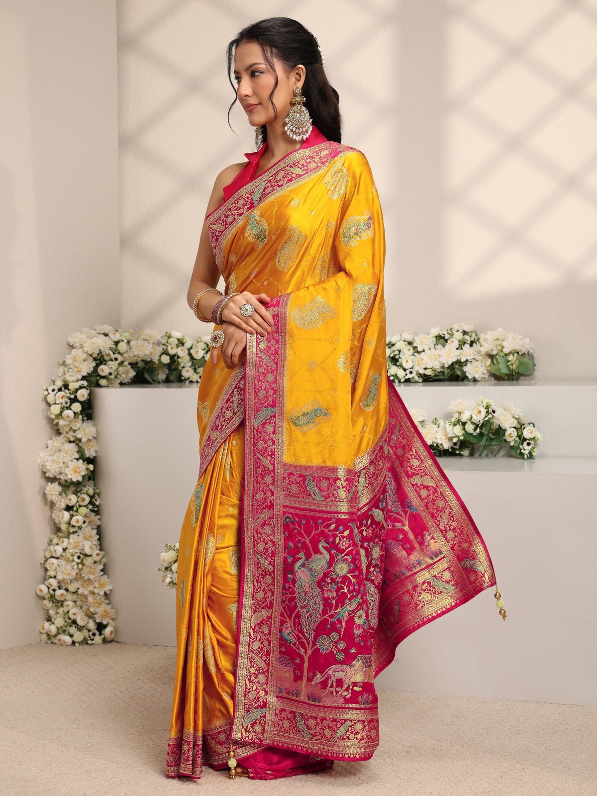 Anouk Art Mustard Ethnic Motif Self Design Satin Saree