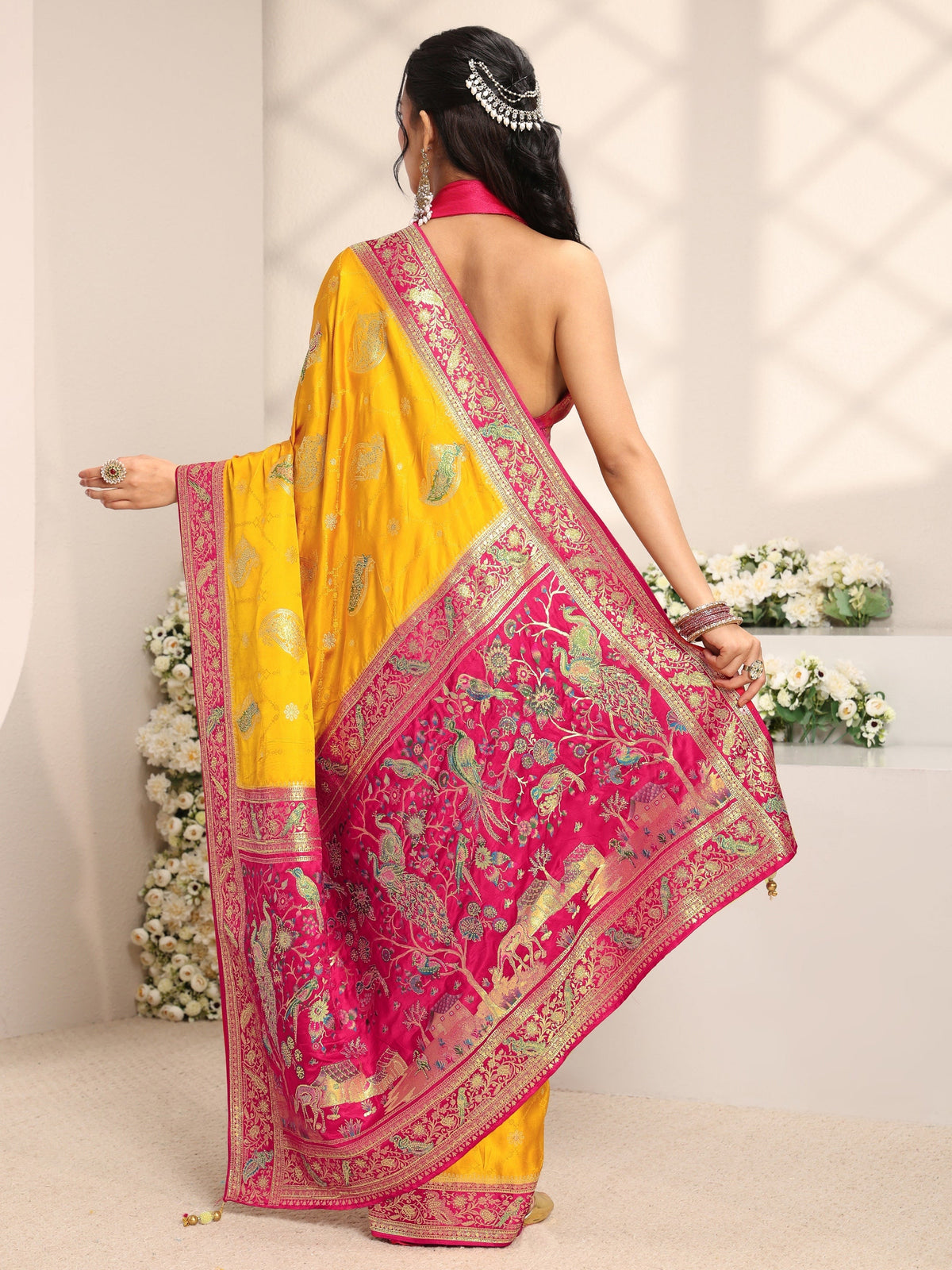 Anouk Art Mustard Ethnic Motif Self Design Satin Saree