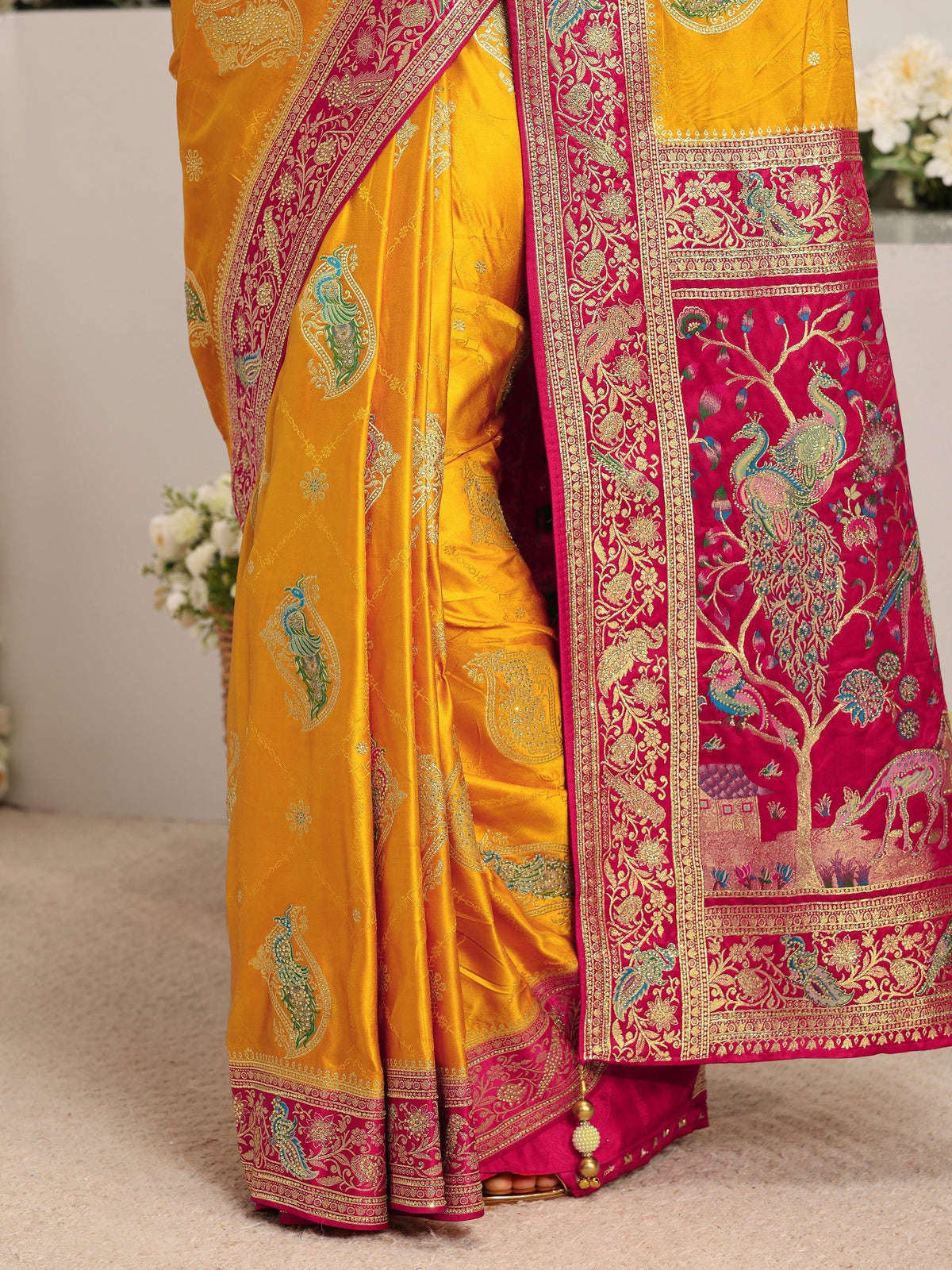 Anouk Art Mustard Ethnic Motif Self Design Satin Saree