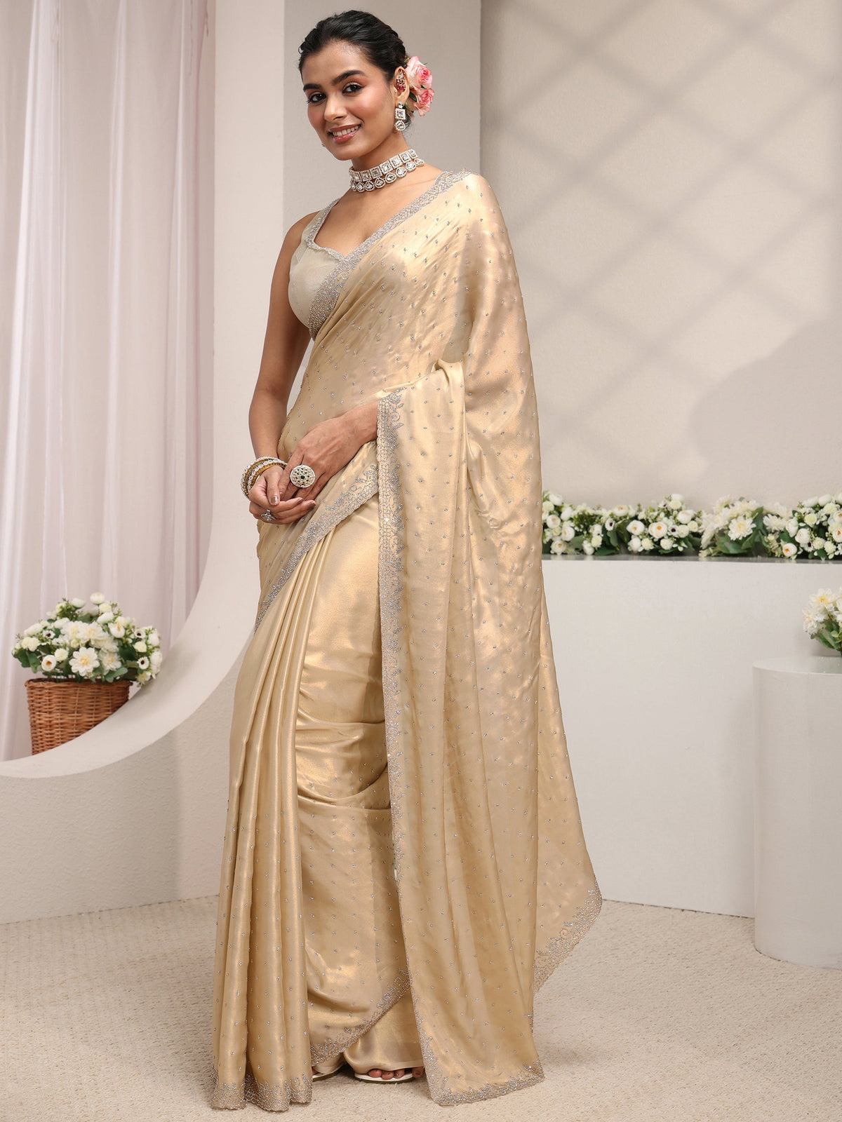 Anouk Art Beige Embellished Satin Saree With Unstitched Blouse Piece
