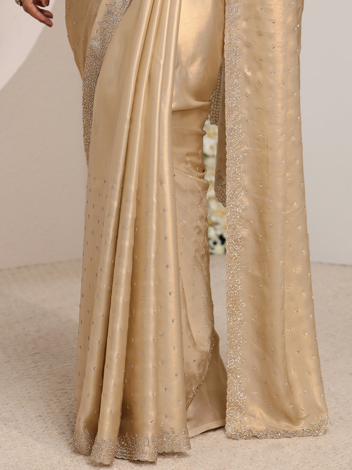 Anouk Art Beige Embellished Satin Saree With Unstitched Blouse Piece