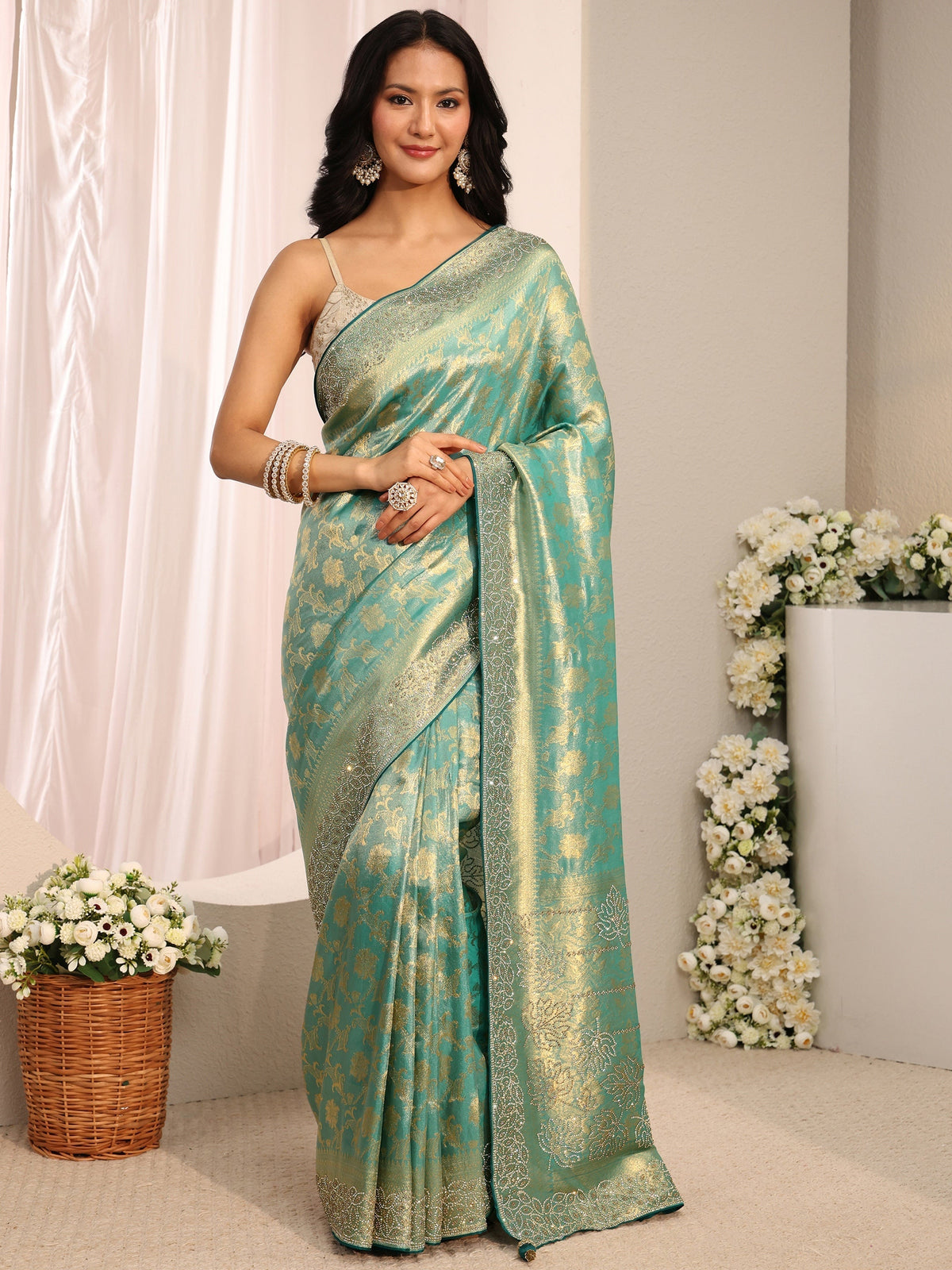 Anouk Art Blue Floral Woven Design Silk Blend Saree With Unstitched Blouse Piece