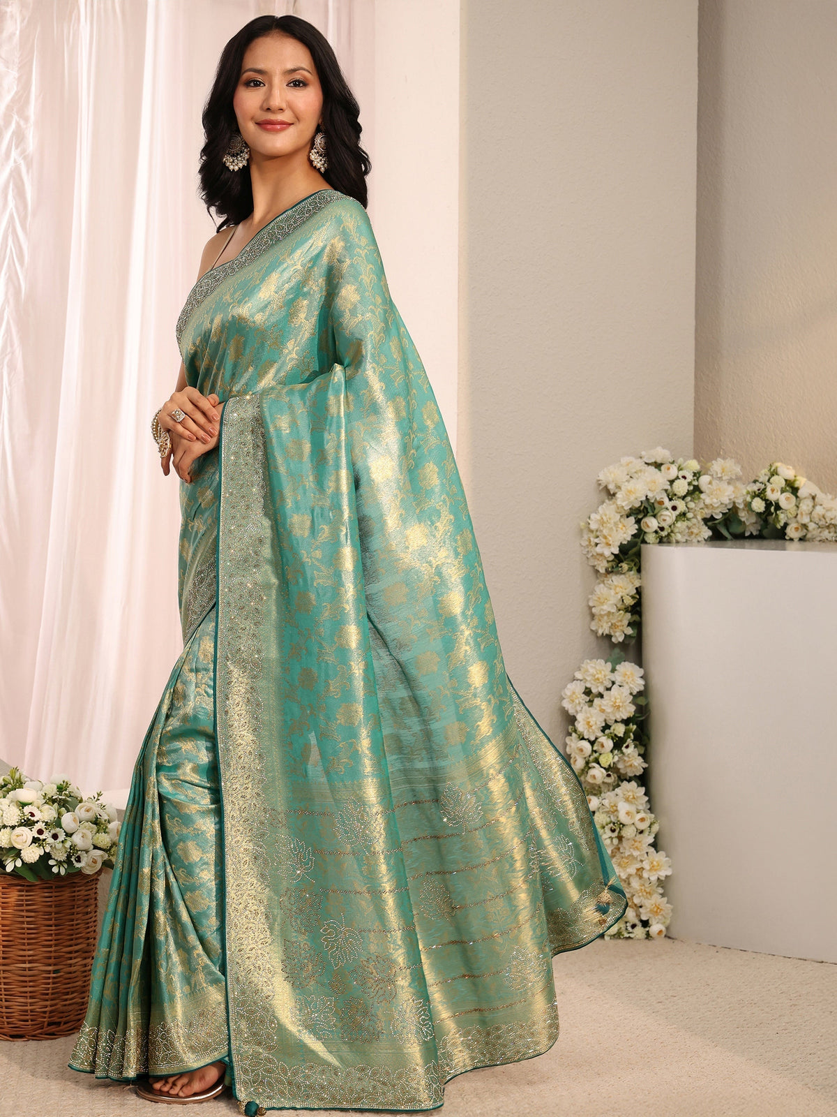 Anouk Art Blue Floral Woven Design Silk Blend Saree With Unstitched Blouse Piece