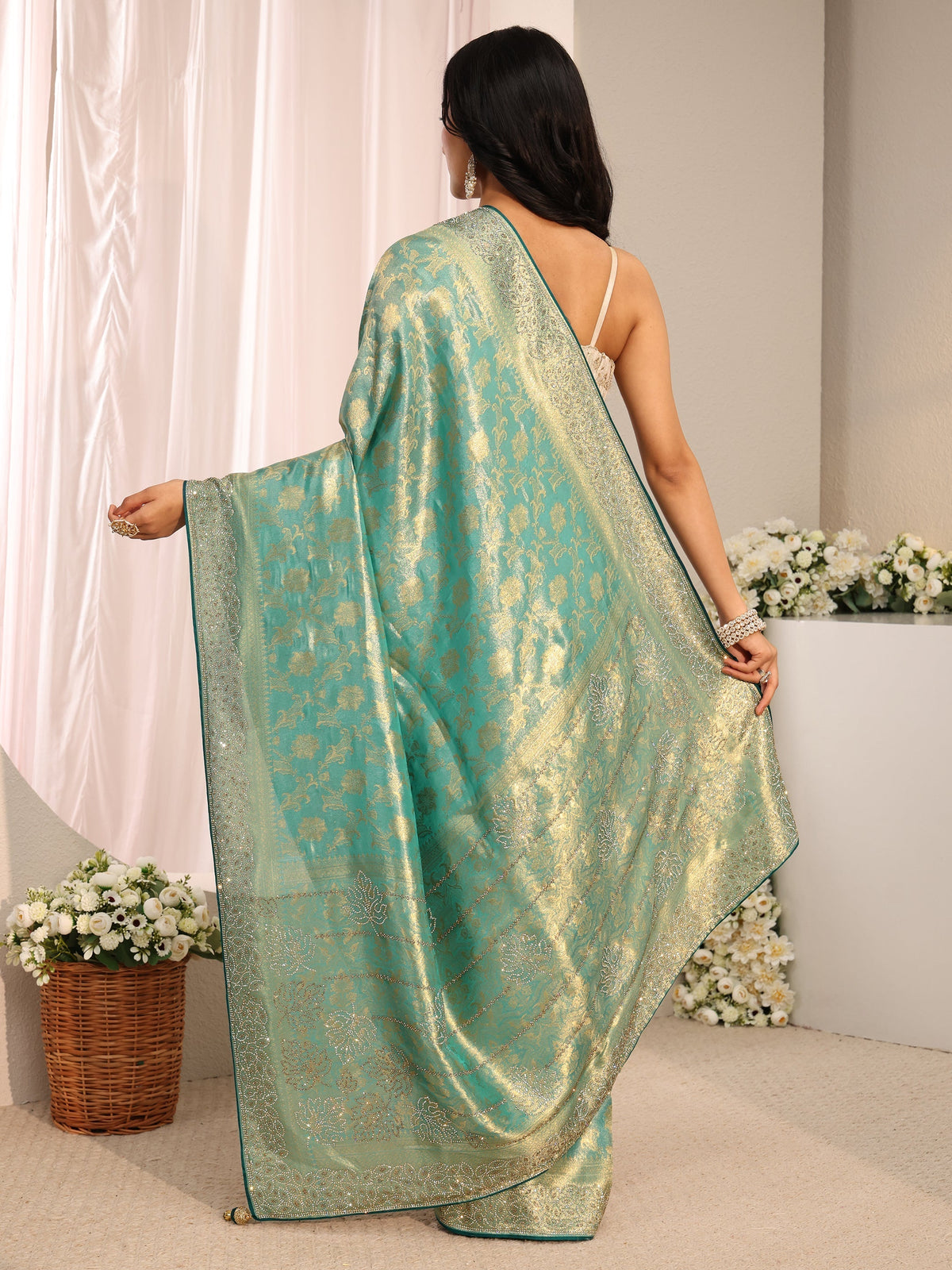 Anouk Art Blue Floral Woven Design Silk Blend Saree With Unstitched Blouse Piece