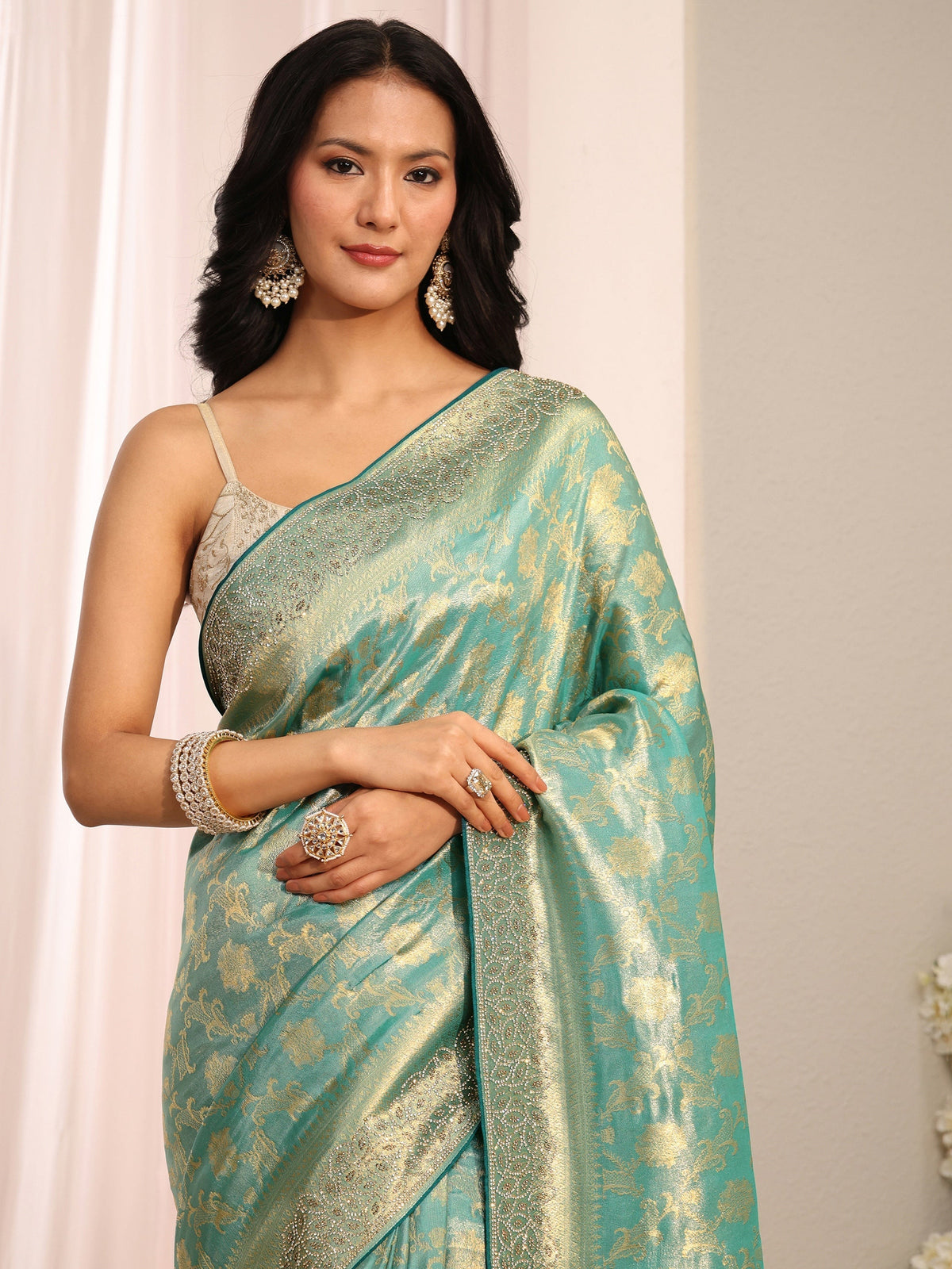 Anouk Art Blue Floral Woven Design Silk Blend Saree With Unstitched Blouse Piece