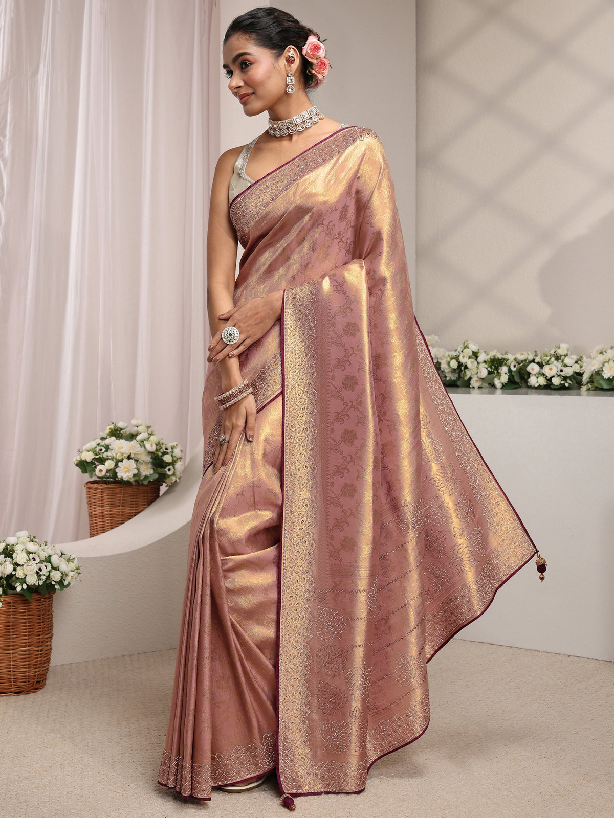 Anouk Art Lavender Floral Woven Design Silk Blend Saree With Unstitched Blouse Piece