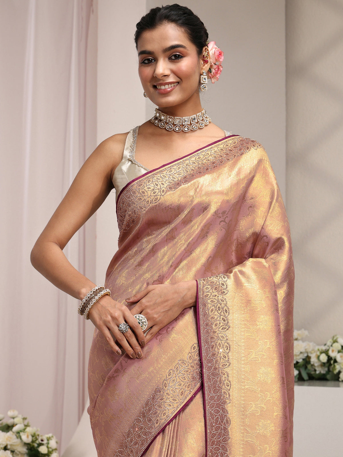 Anouk Art Lavender Floral Woven Design Silk Blend Saree With Unstitched Blouse Piece