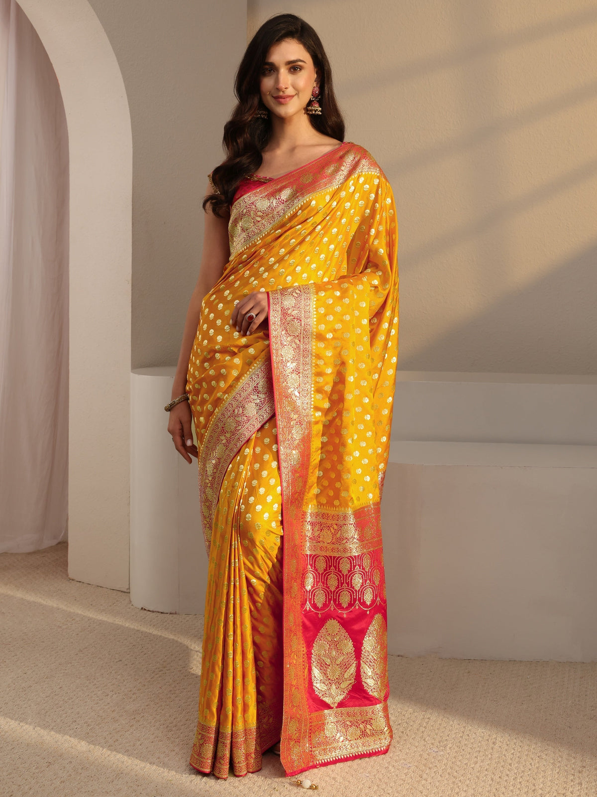 Anouk Art Mustard Banarasi Satin Saree With Unstitched Blouse Piece