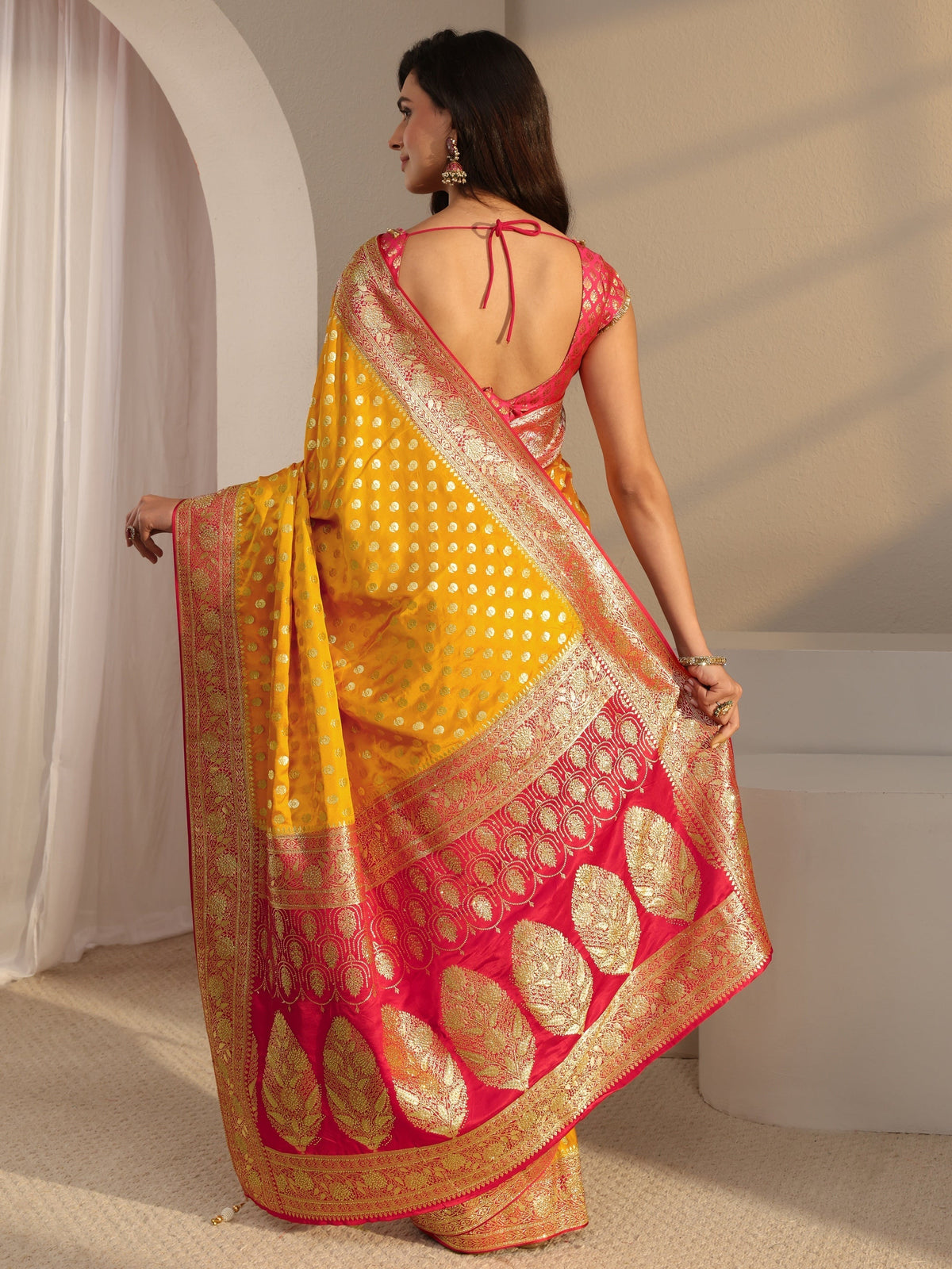 Anouk Art Mustard Banarasi Satin Saree With Unstitched Blouse Piece