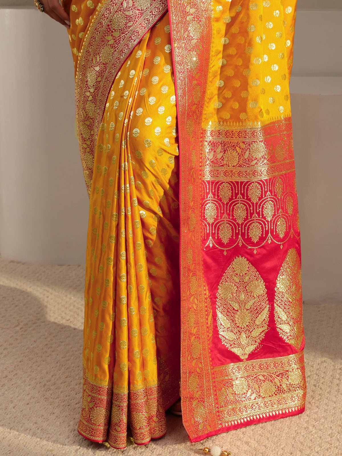 Anouk Art Mustard Banarasi Satin Saree With Unstitched Blouse Piece