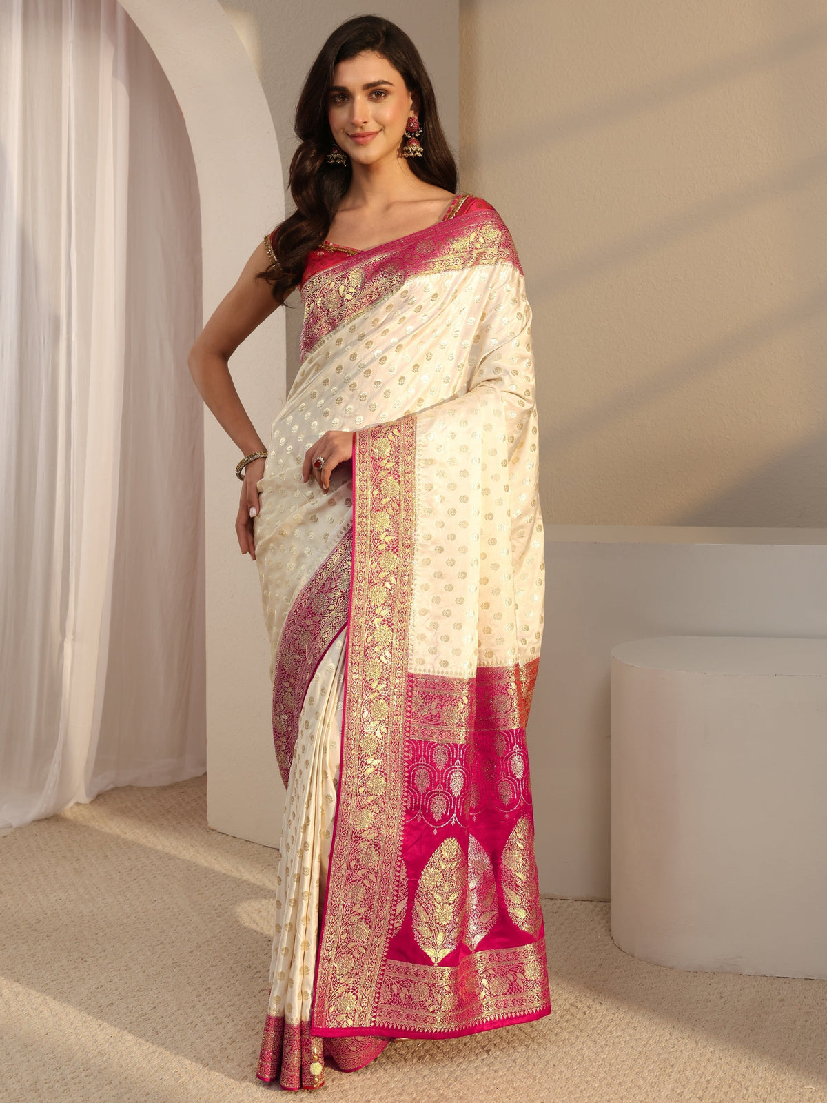Anouk Art Ivory Banarasi Satin Saree With Unstitched Blouse Piece