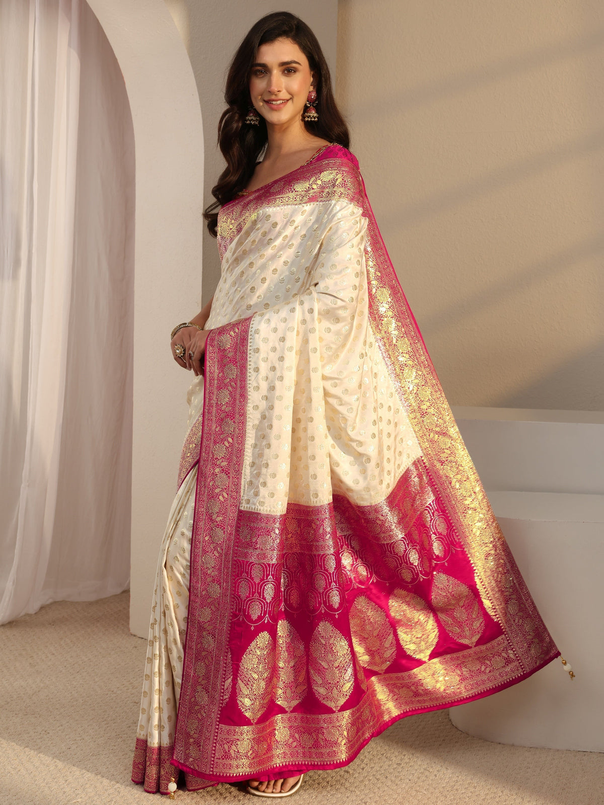 Anouk Art Ivory Banarasi Satin Saree With Unstitched Blouse Piece