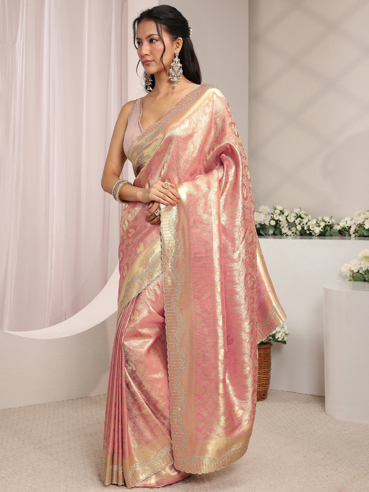 Anouk Peach Ethnic Woven Design Silk Blend Saree With Unstitched Blouse Piece