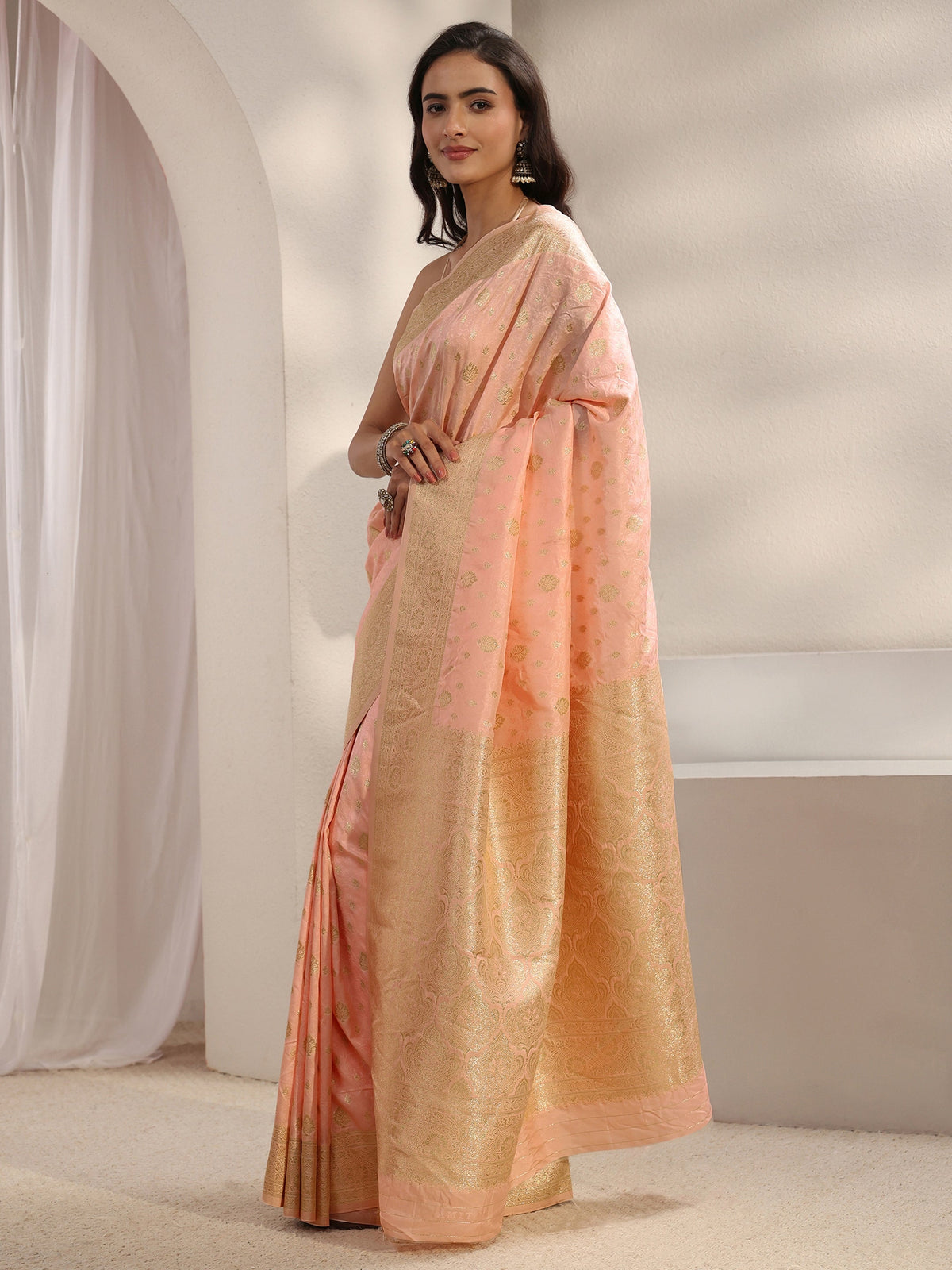Anouk Peach Ethnic Woven Design Silk Blend Saree With Unstitched Blouse Piece