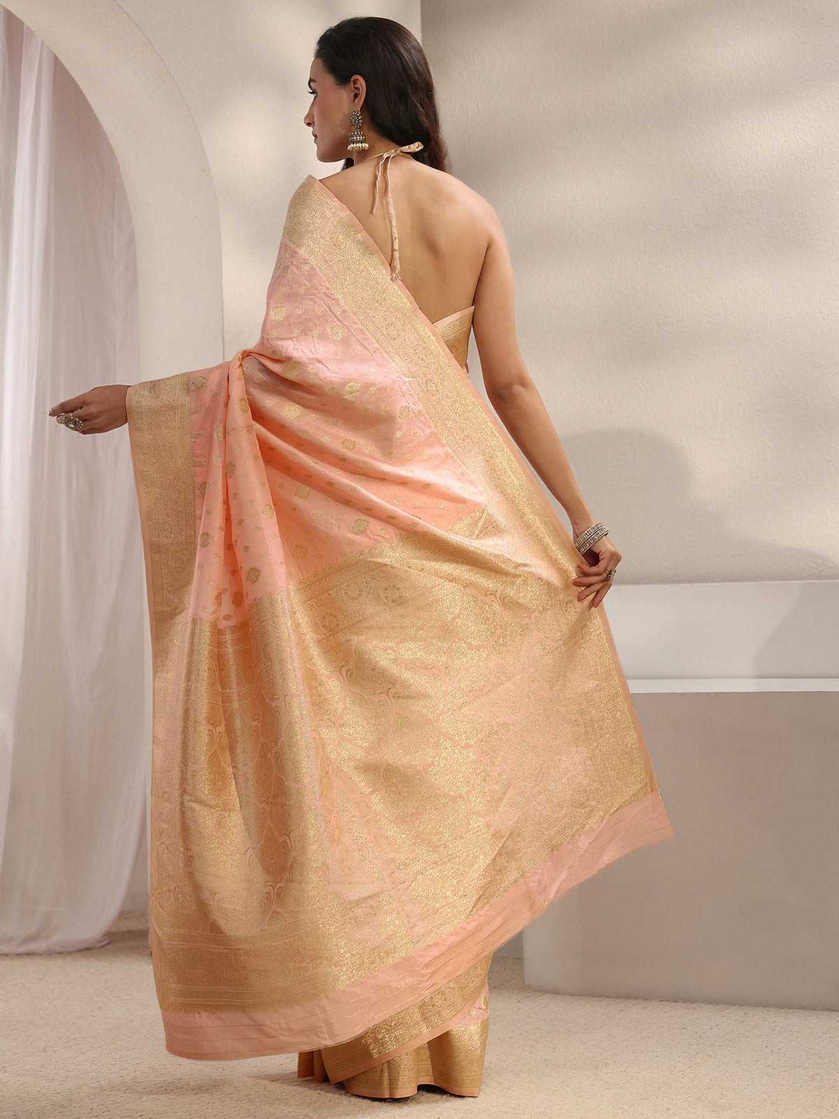 Anouk Peach Ethnic Woven Design Silk Blend Saree With Unstitched Blouse Piece