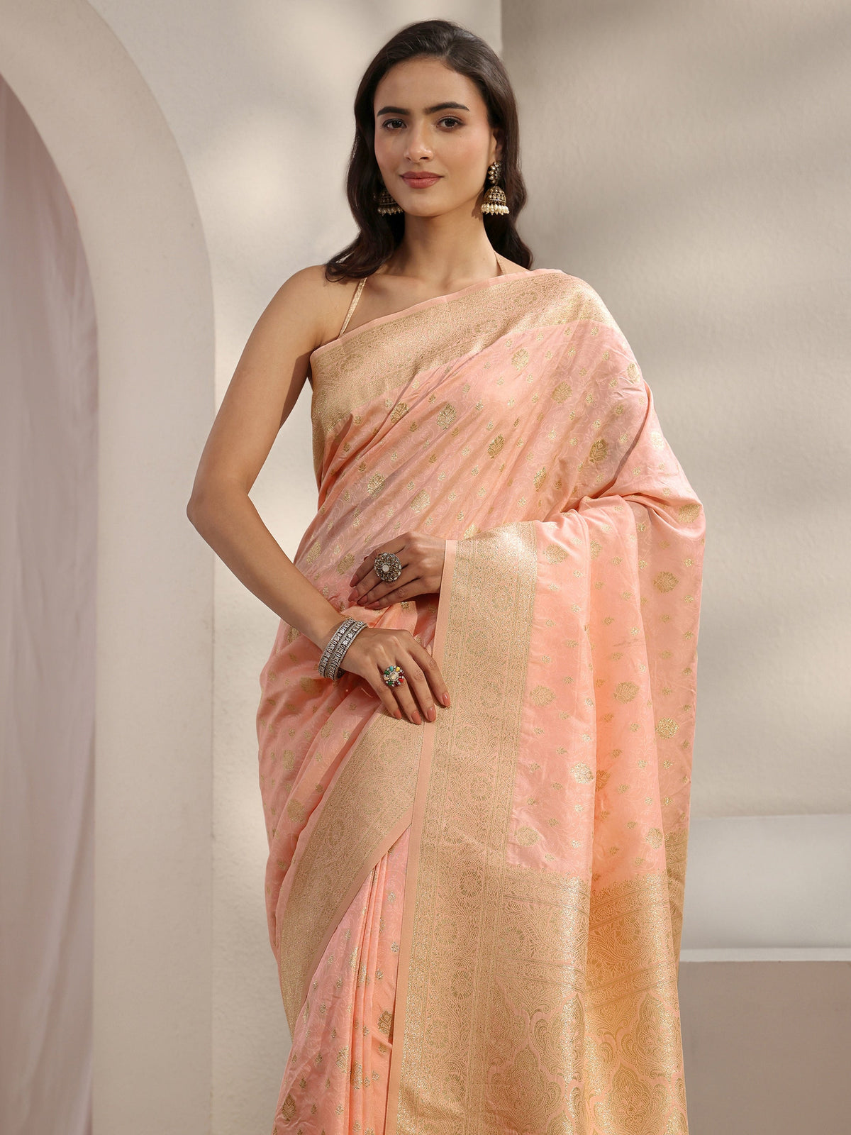 Anouk Peach Ethnic Woven Design Silk Blend Saree With Unstitched Blouse Piece