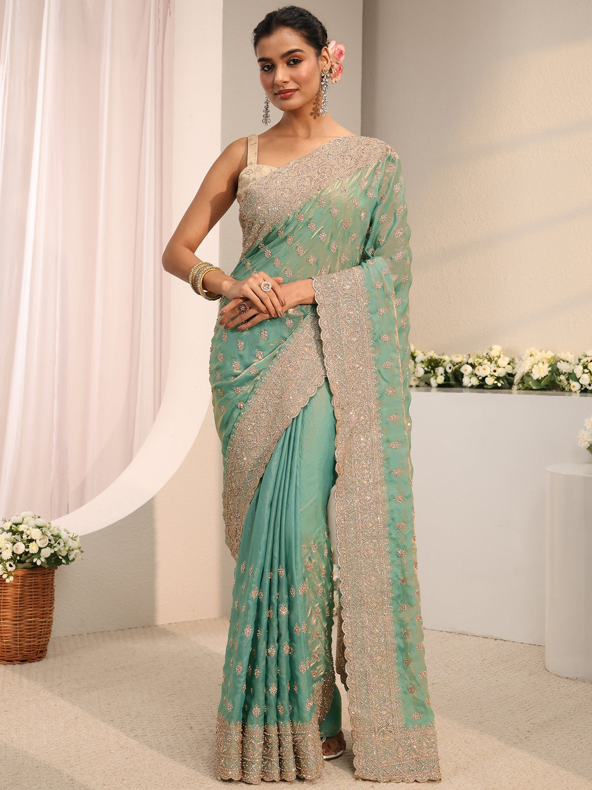 Anouk Art Sea Green Embellished Tissue Saree With Unstitched Blouse Piece