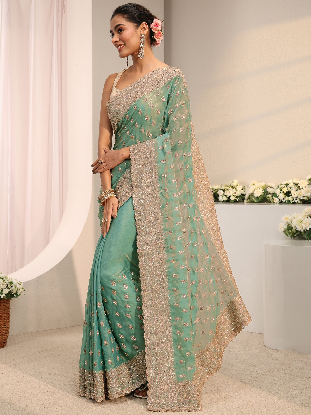 Anouk Art Sea Green Embellished Tissue Saree With Unstitched Blouse Piece