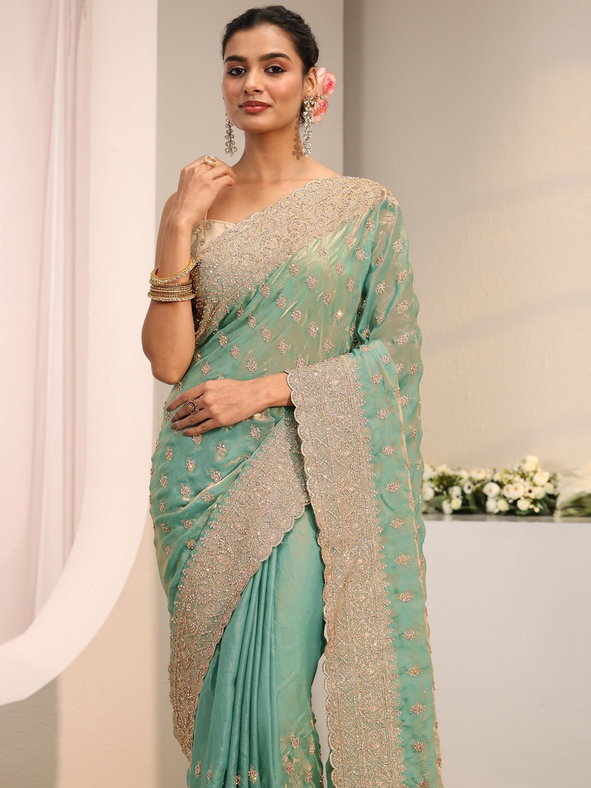 Anouk Art Sea Green Embellished Tissue Saree With Unstitched Blouse Piece
