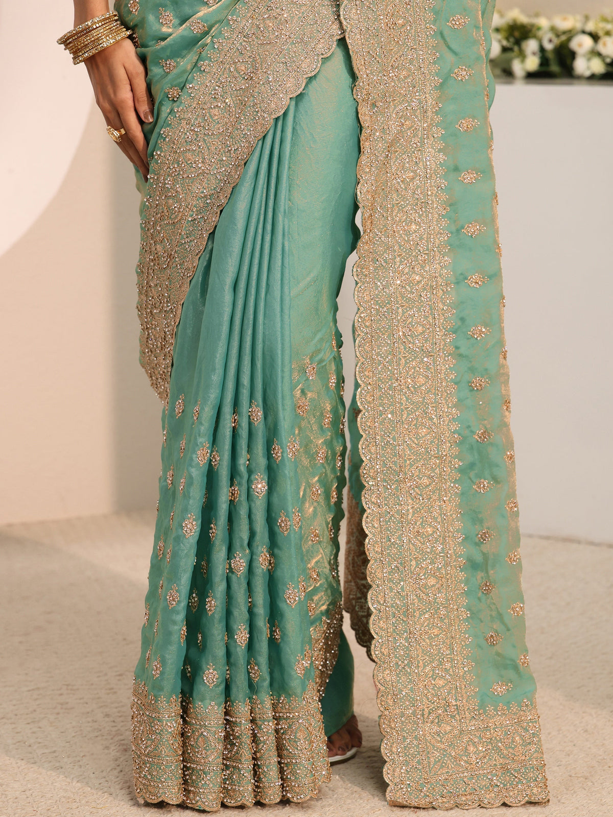 Anouk Art Sea Green Embellished Tissue Saree With Unstitched Blouse Piece