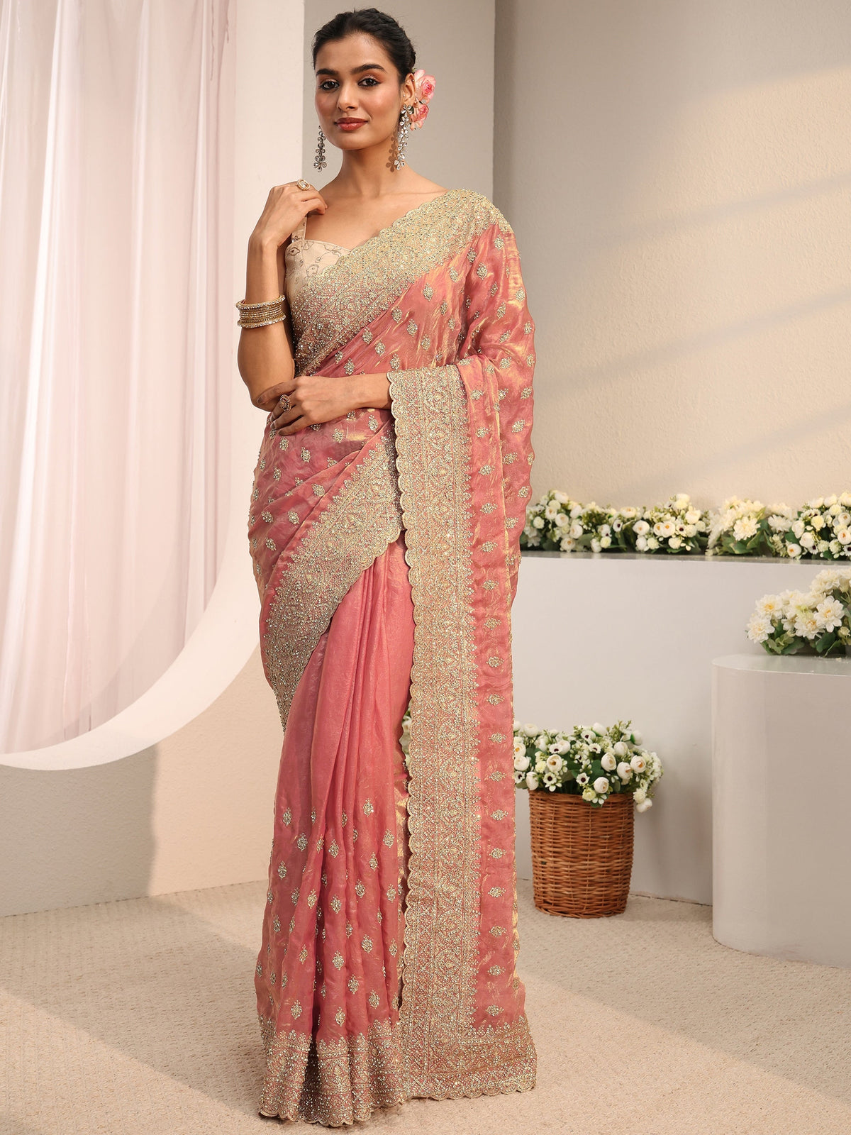 Anouk Art Peach Embellished Tissue Saree With Unstitched Blouse Piece