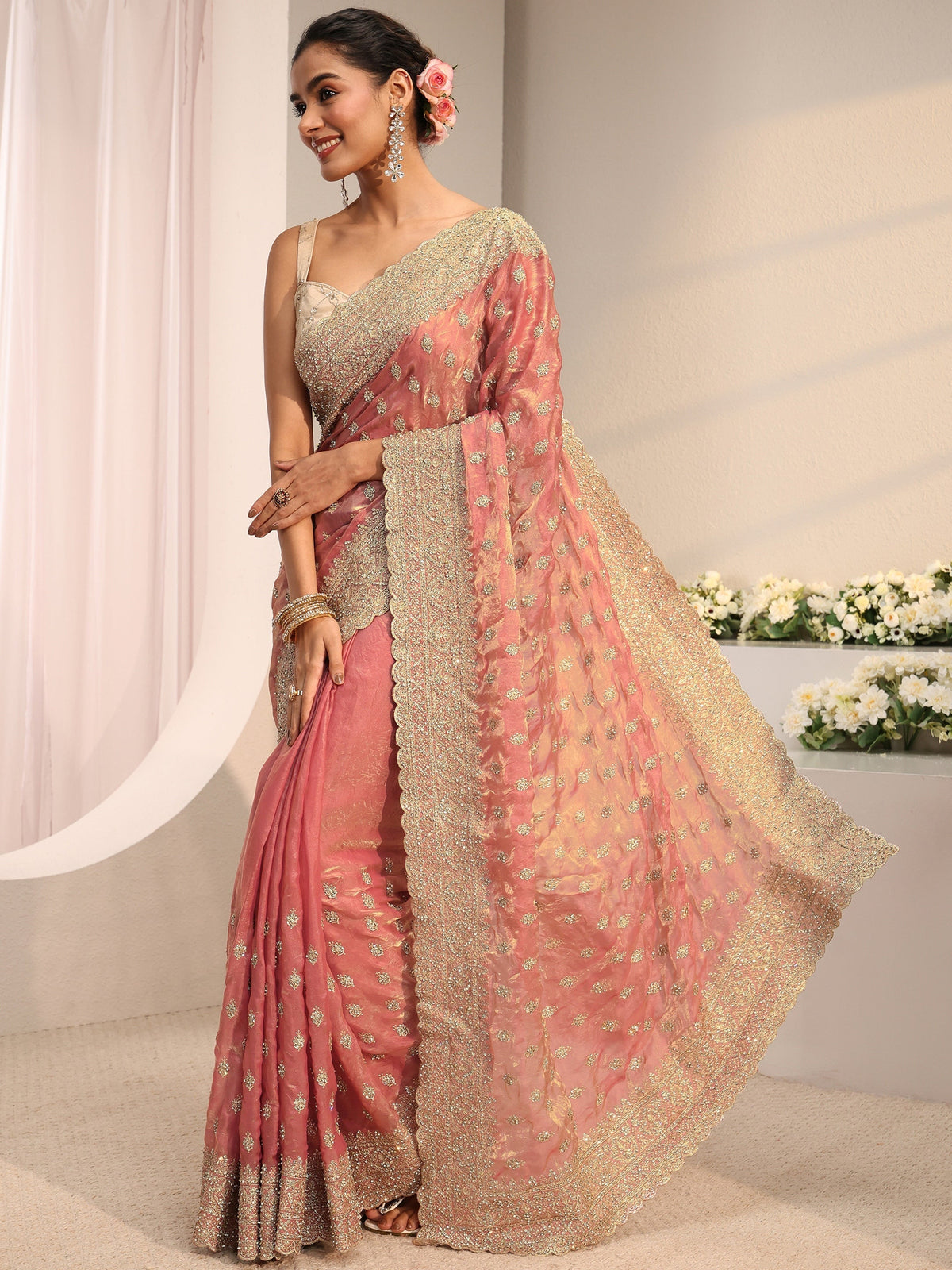 Anouk Art Peach Embellished Tissue Saree With Unstitched Blouse Piece