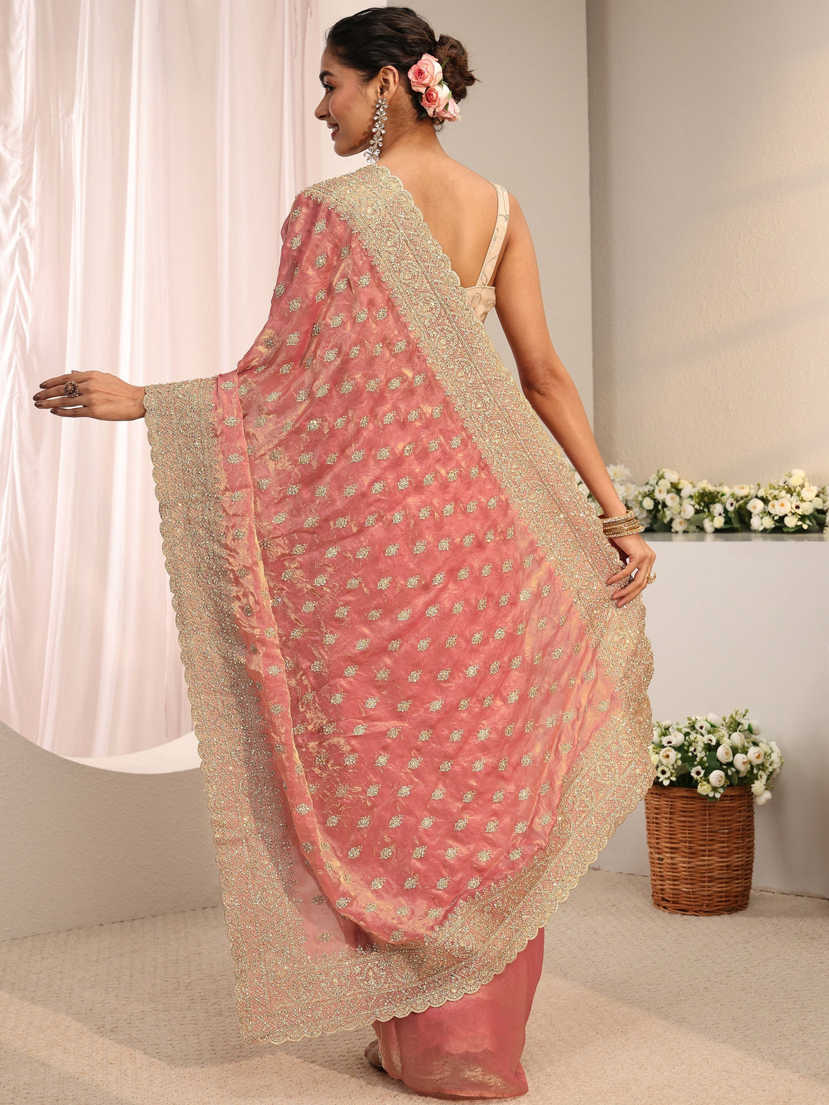 Anouk Art Peach Embellished Tissue Saree With Unstitched Blouse Piece
