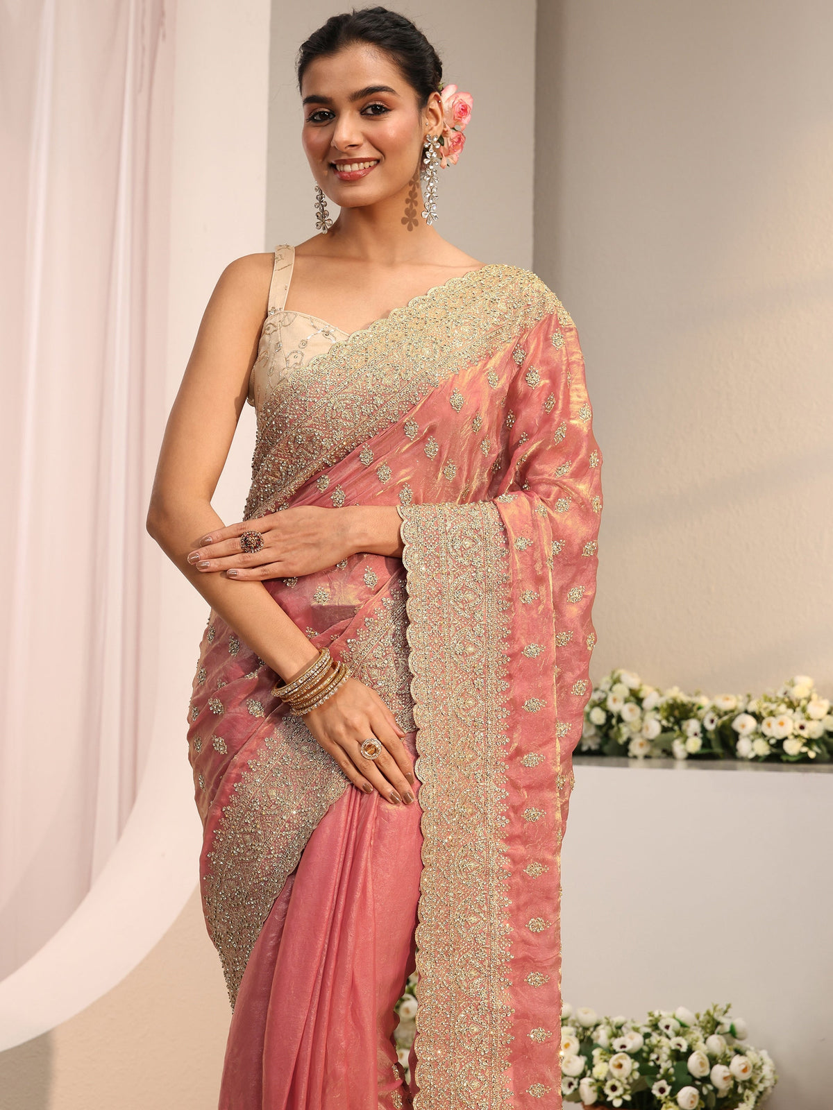 Anouk Art Peach Embellished Tissue Saree With Unstitched Blouse Piece