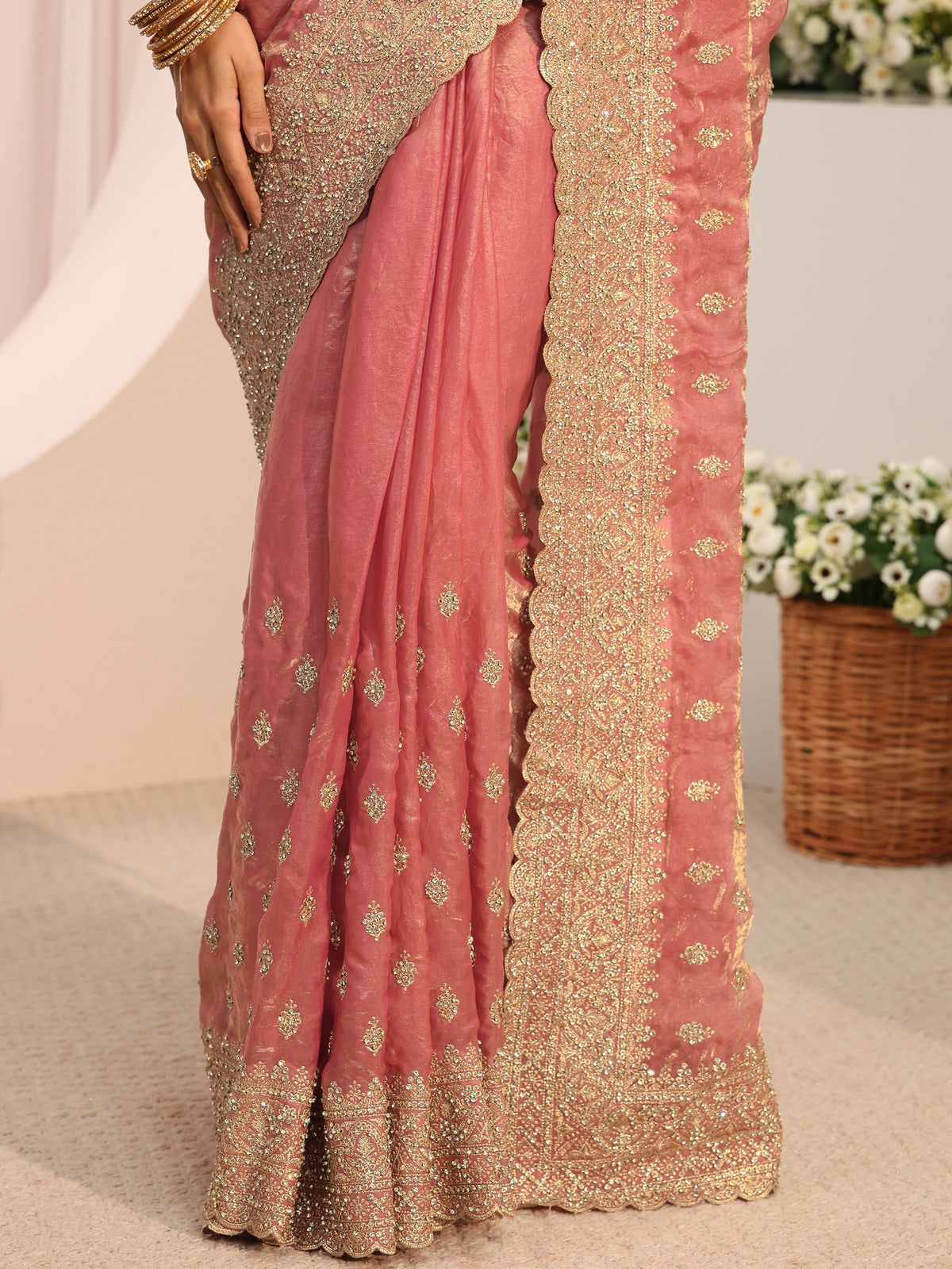 Anouk Art Peach Embellished Tissue Saree With Unstitched Blouse Piece